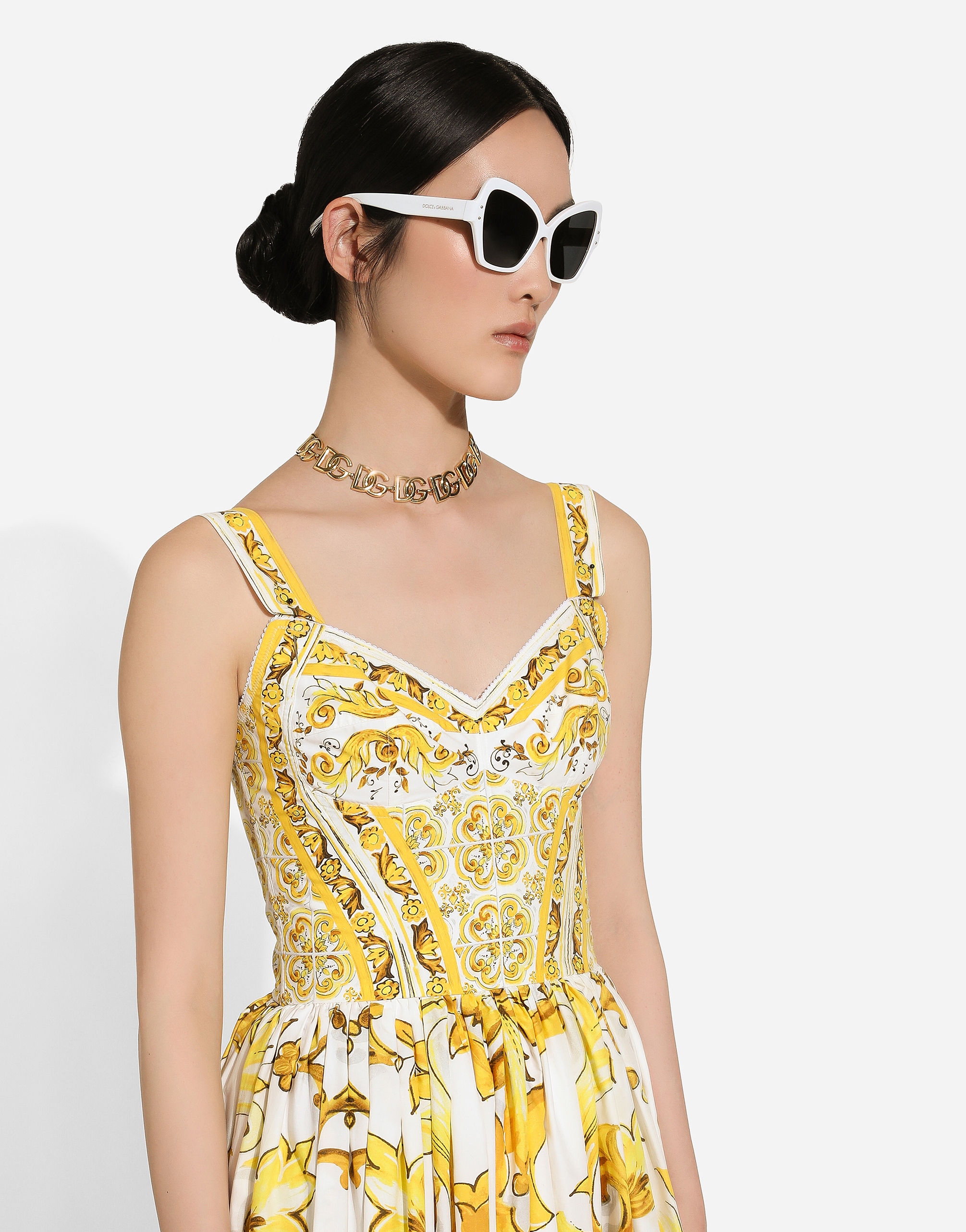 Shop Dolce & Gabbana Calf-length Corset Dress In Majolica-print Cotton Poplin