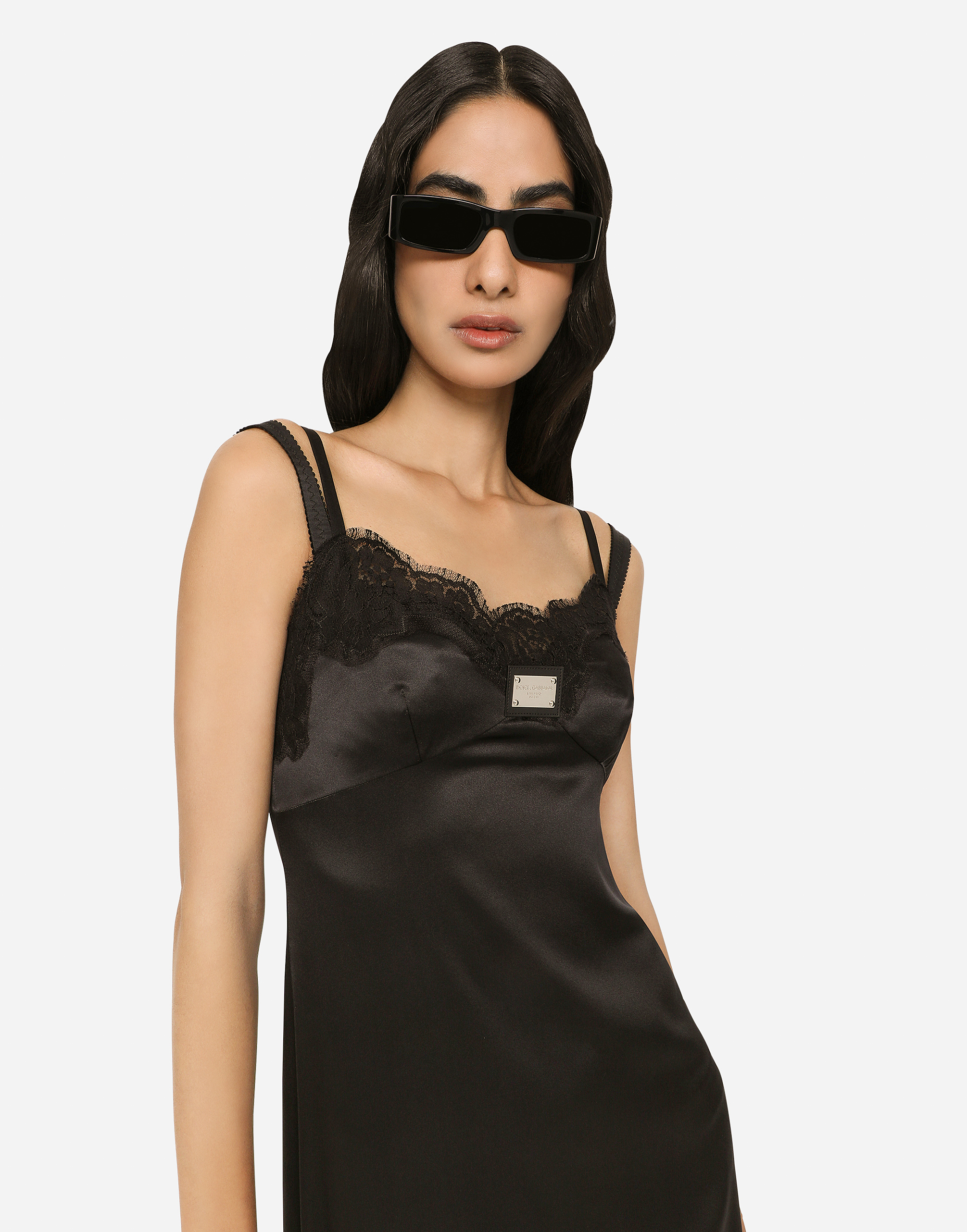 Shop Dolce & Gabbana Long Satin Slip Dress With The Dolce&gabbana Tag In Black