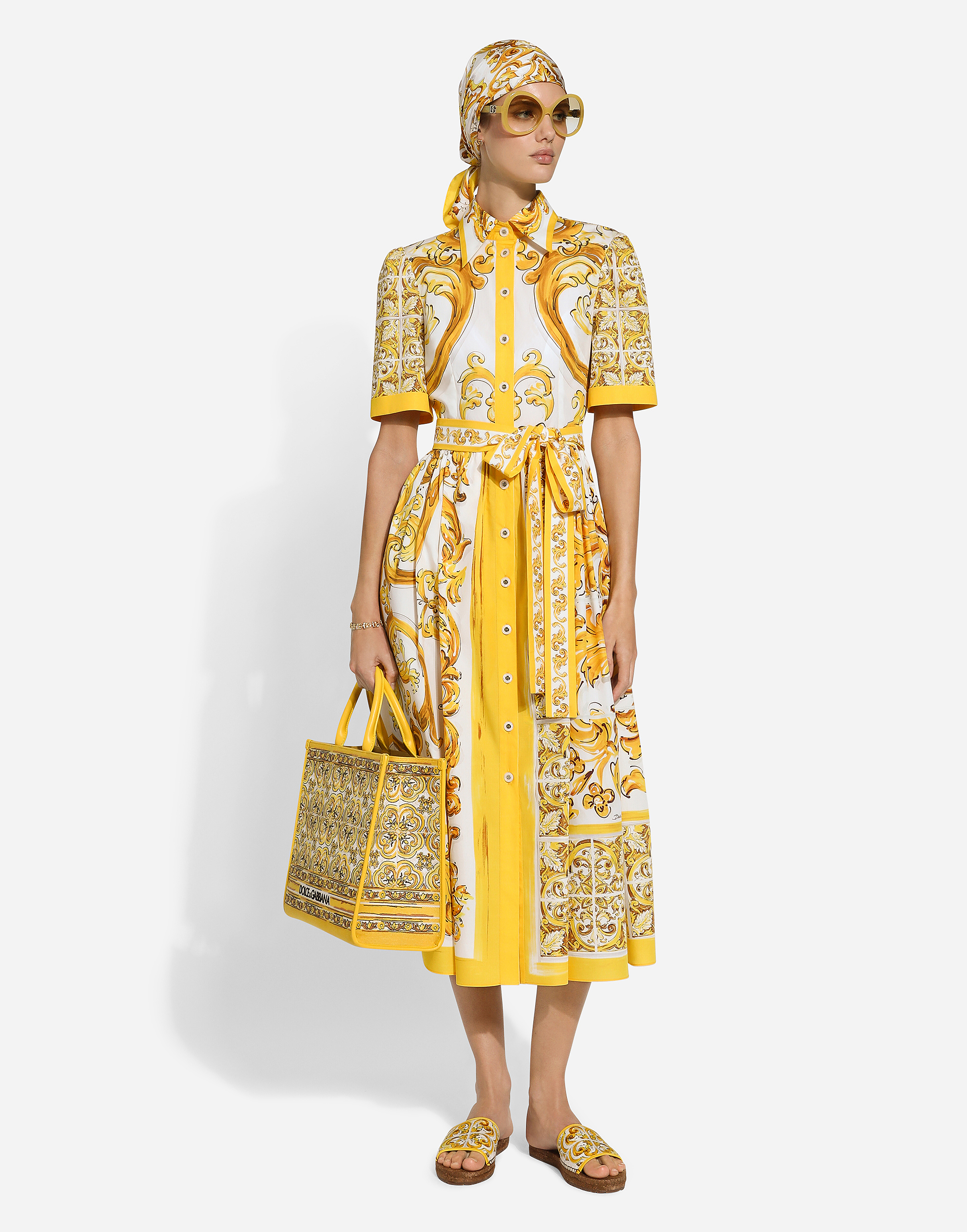 Shop Dolce & Gabbana Cotton Poplin Midi Shirt Dress With Majolica Print