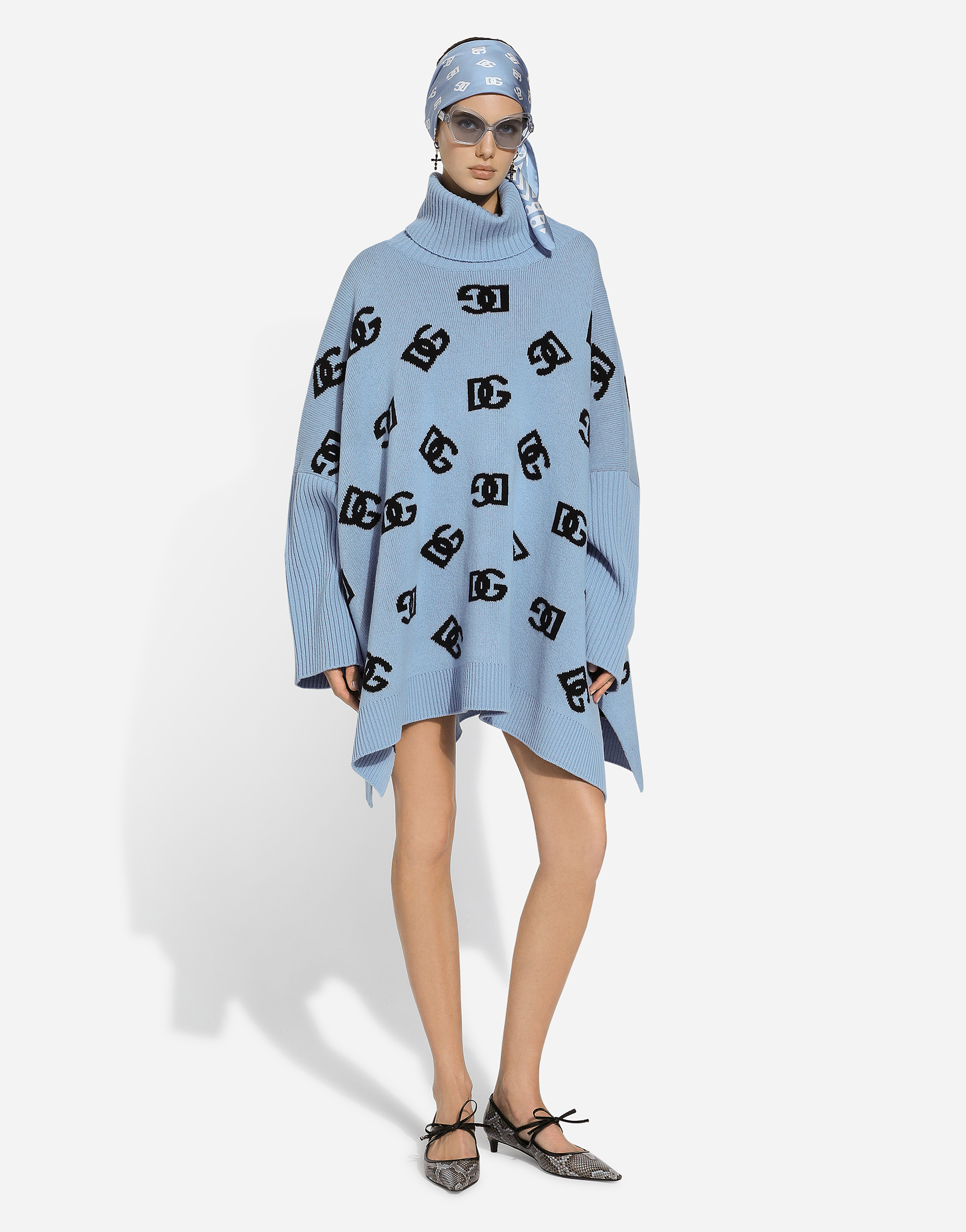 Shop Dolce & Gabbana Wool Turtle-neck Poncho With Dg Logo Inlay In Azure