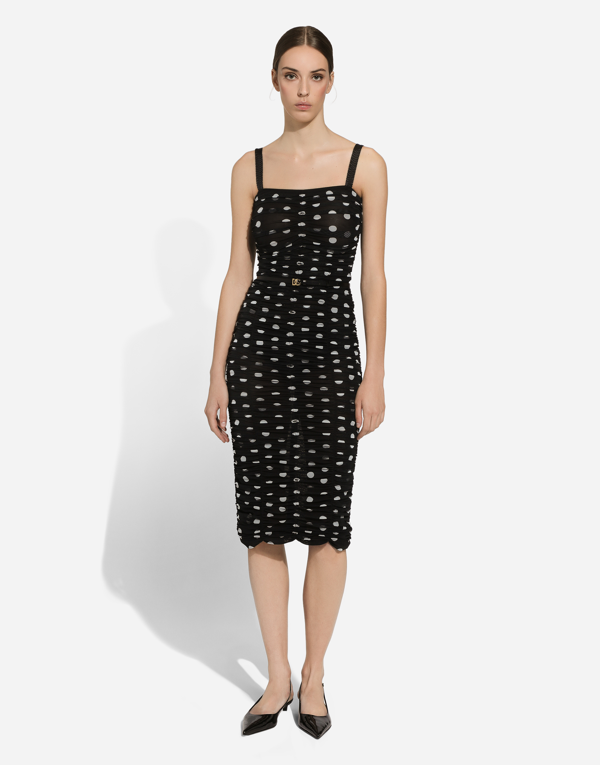 Shop Dolce & Gabbana Tulle Calf-length Sheath Dress With Draping And Polka-dot Print In プリ