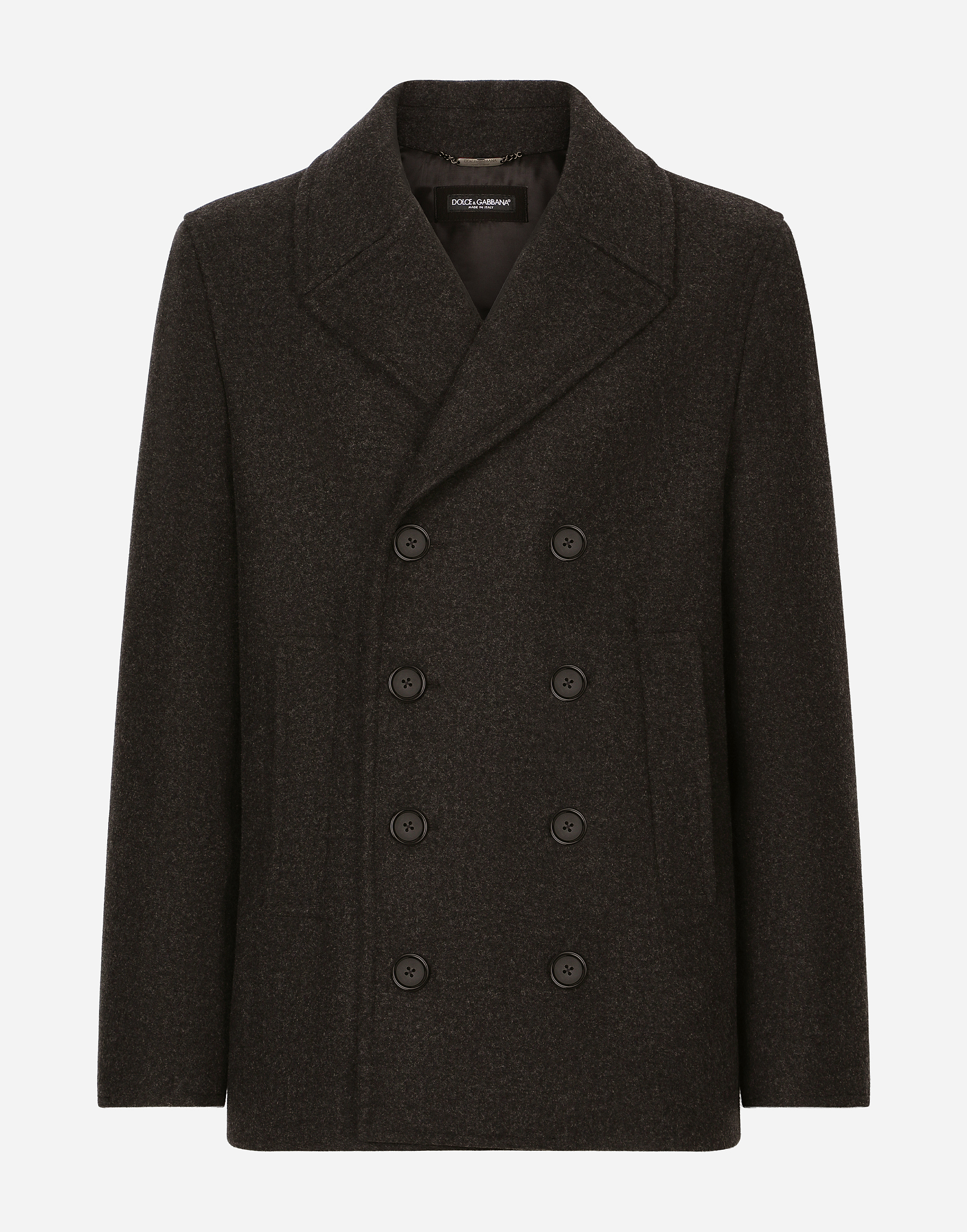 Shop Dolce & Gabbana Double-breasted Wool Pea Coat With Branded Tag In Grey