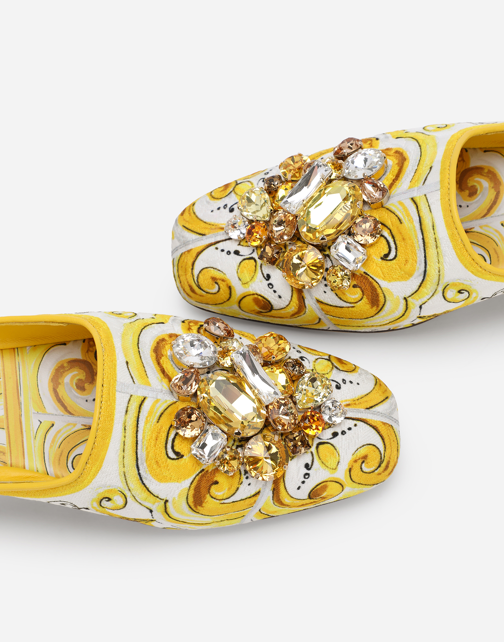 Shop Dolce & Gabbana Majolica-print Brocade Mules With Embroidery In Giallo