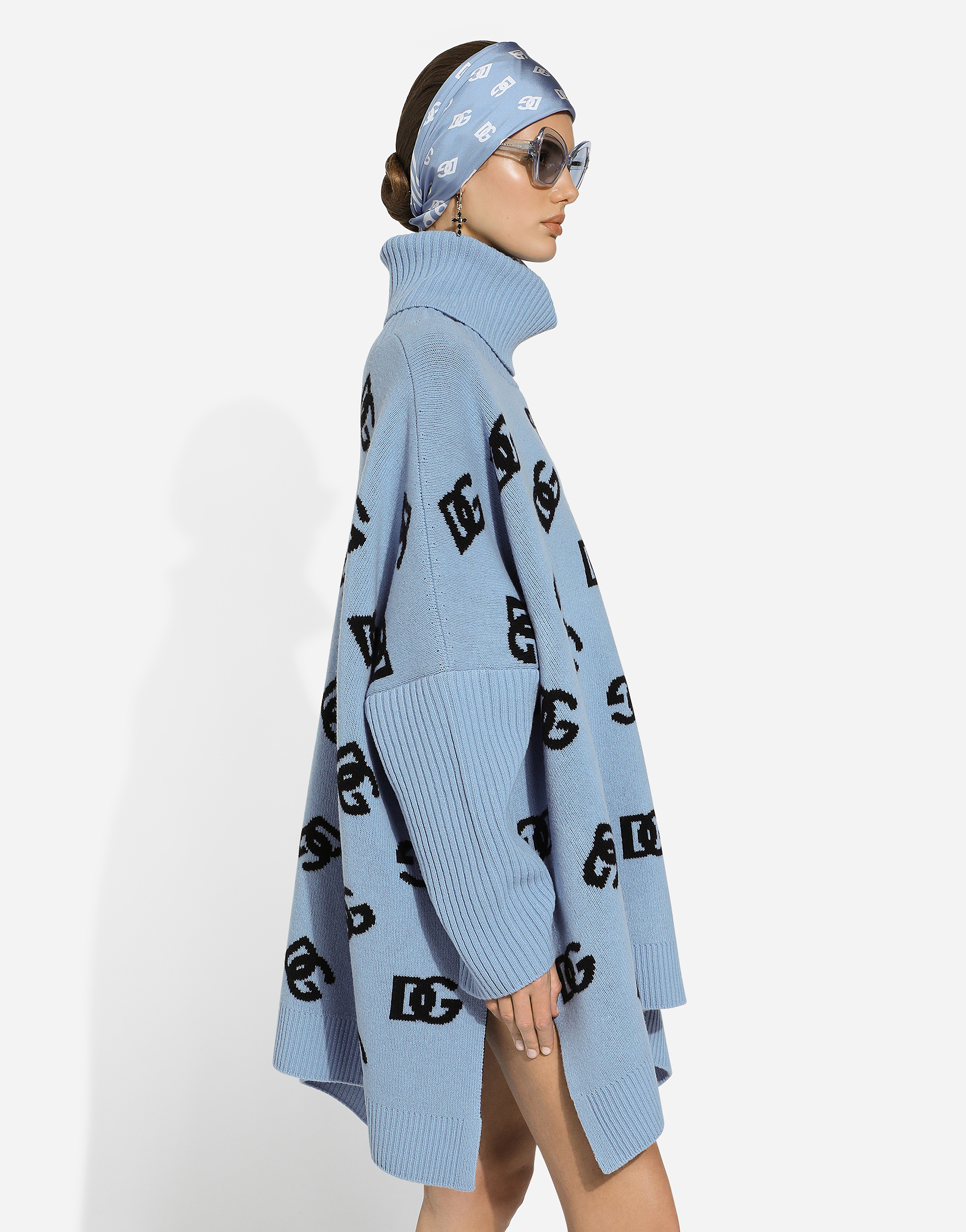 Shop Dolce & Gabbana Wool Turtle-neck Poncho With Dg Logo Inlay In Azure