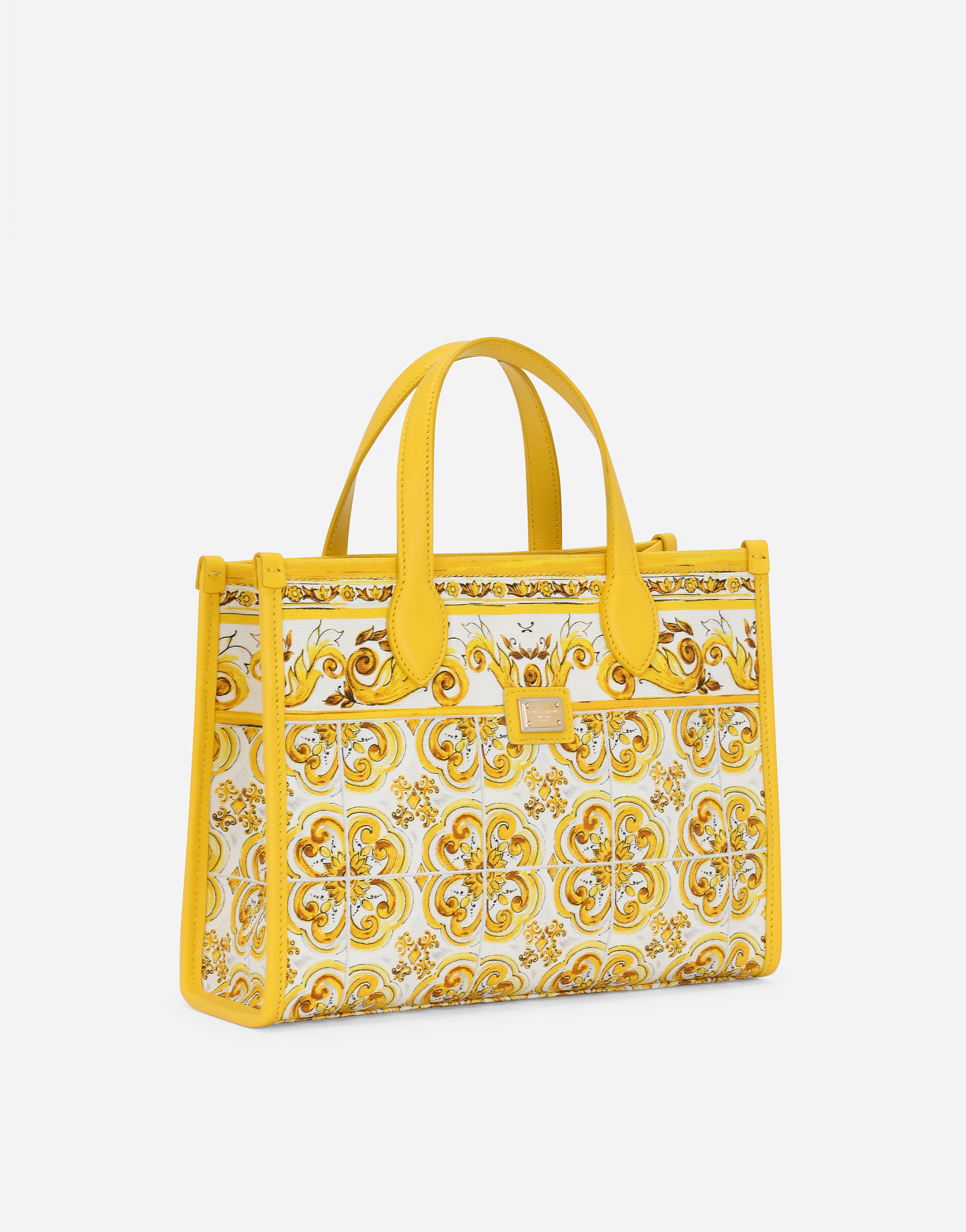 Shop Dolce & Gabbana Canvas Handbag With Yellow Majolica Print