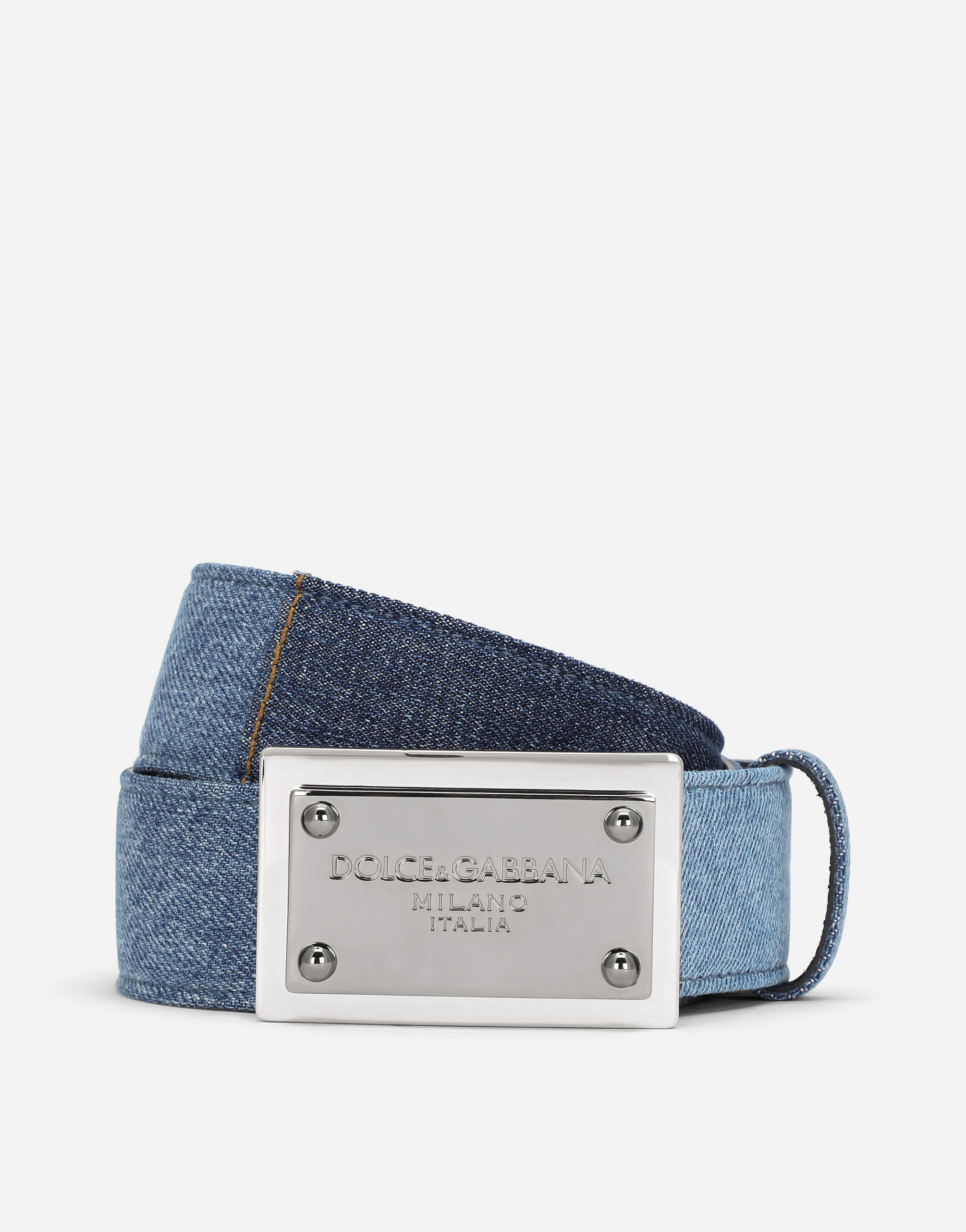 Patchwork denim belt with logo tag