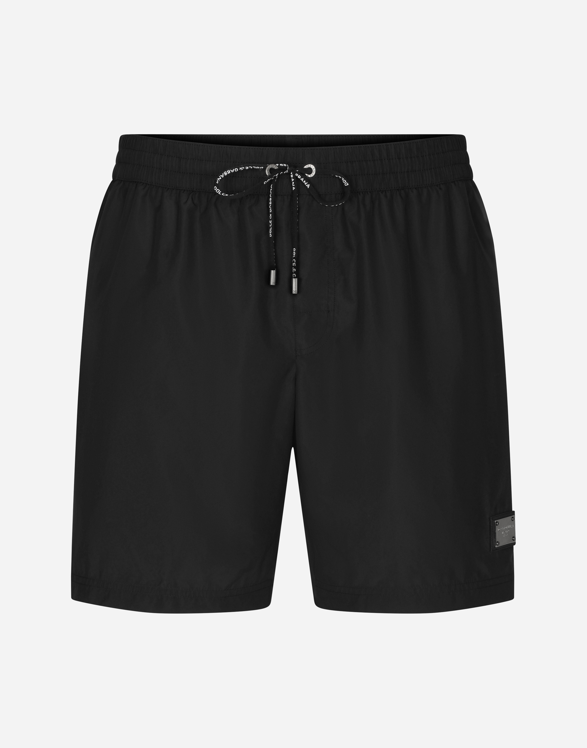 Mid length swim trunks with logo tag in Black for Men Dolce Gabbana