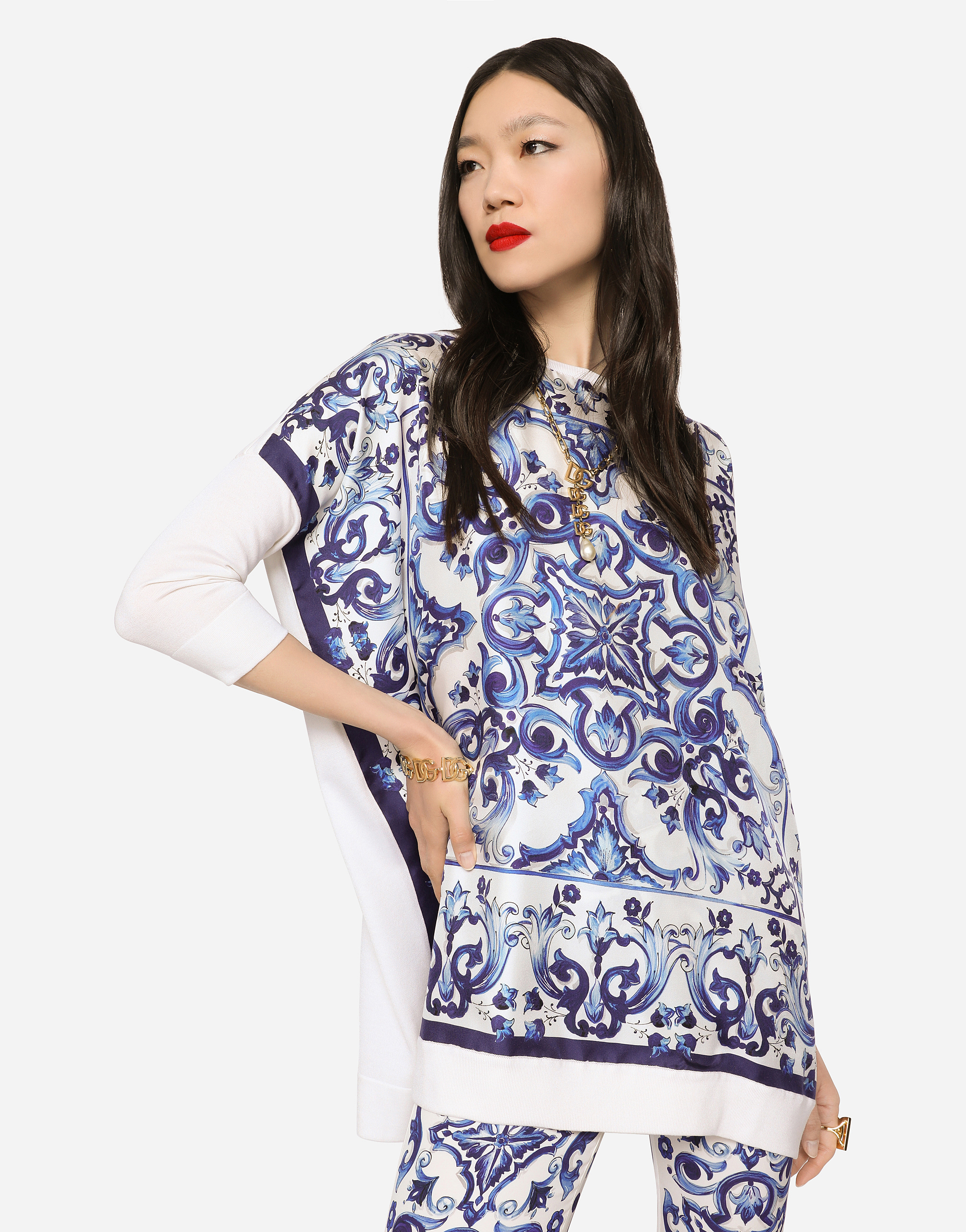 Shop Dolce & Gabbana Silk Twill Crew-neck Pullover With Majolica Print In Multicolor