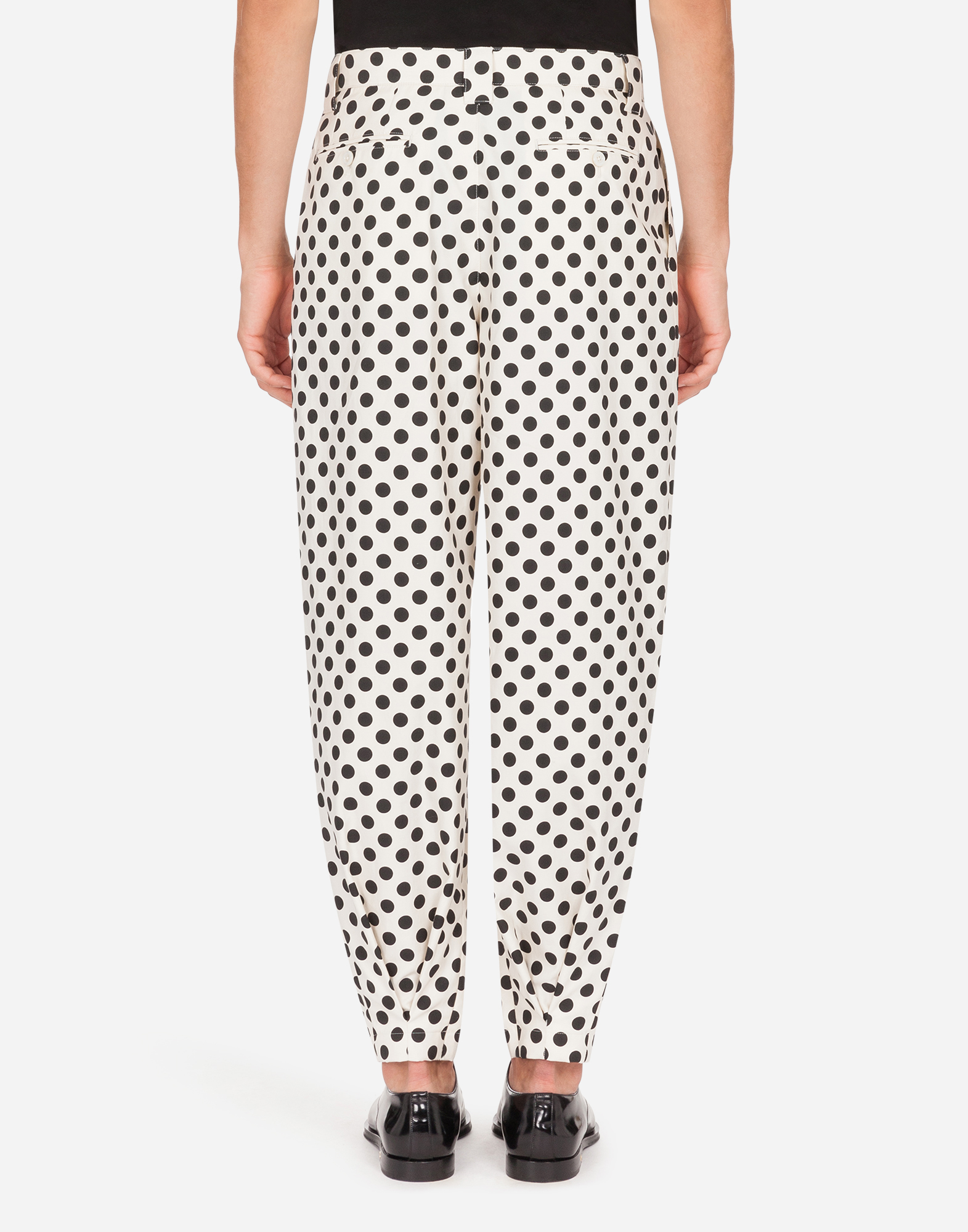 white polka dot trousers