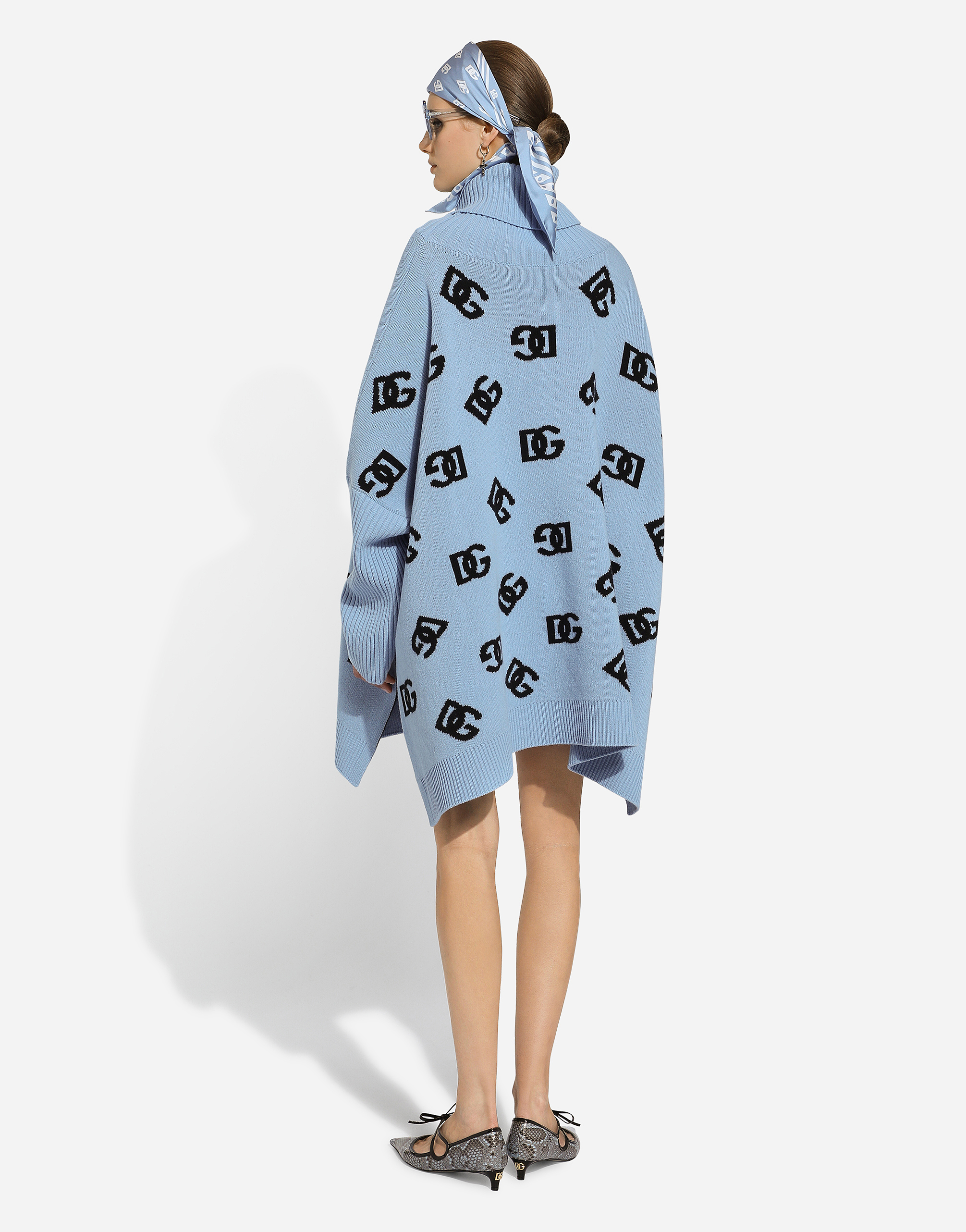 Shop Dolce & Gabbana Wool Turtle-neck Poncho With Dg Logo Inlay In Azure