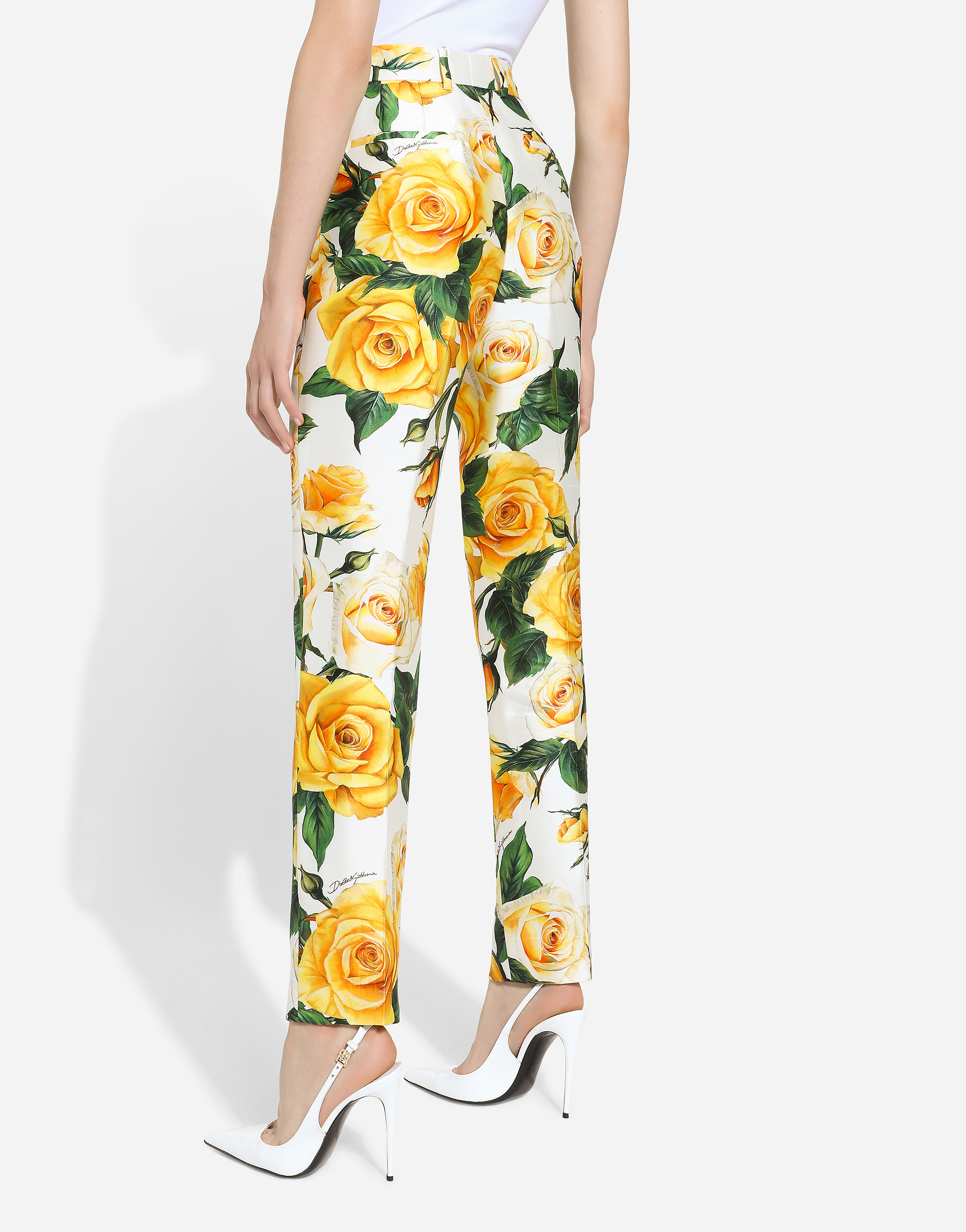 Shop Dolce & Gabbana High-waisted Mikado Pants With Yellow Rose Print