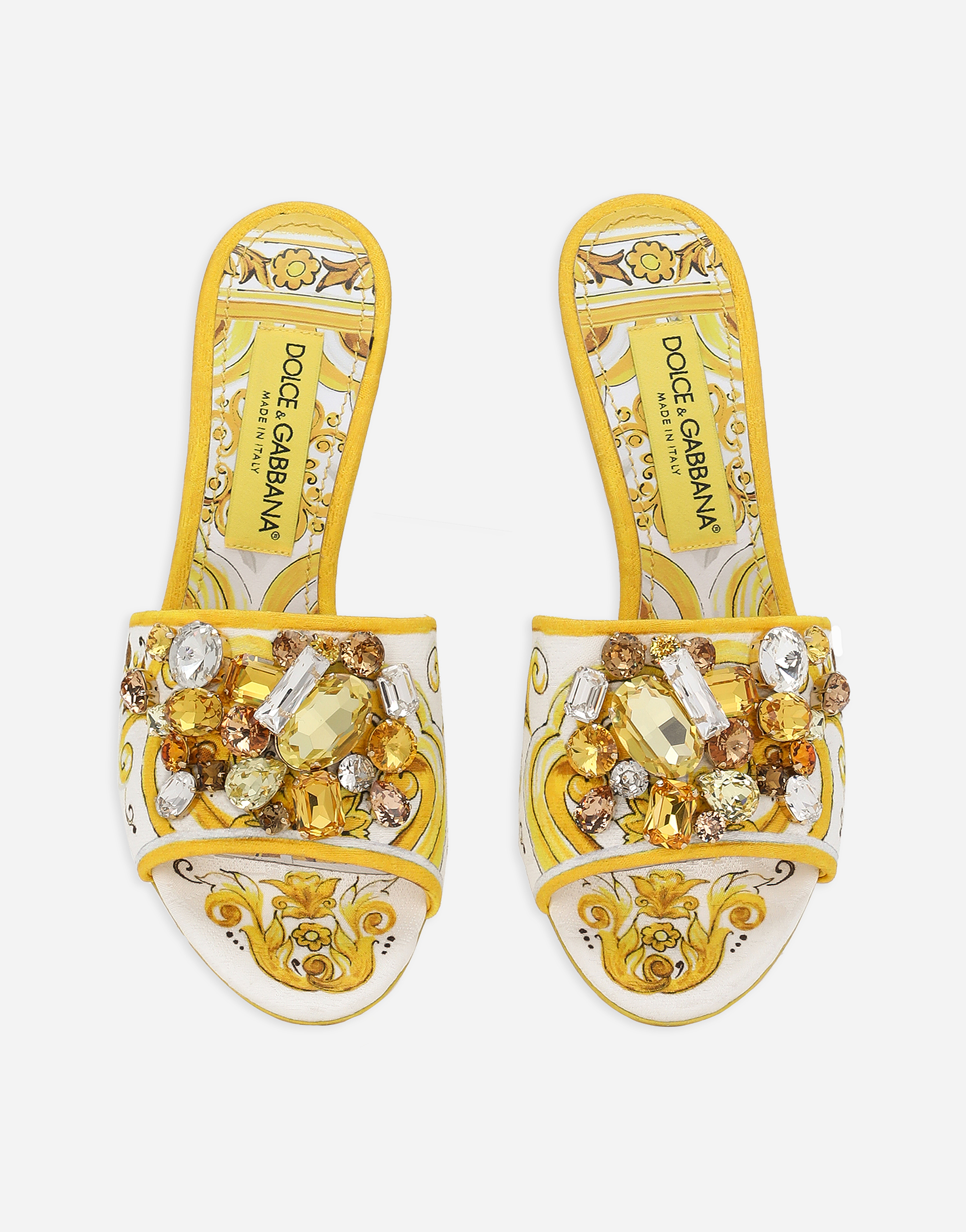 Shop Dolce & Gabbana Majolica-print Brocade Mules With Embroidery In Giallo