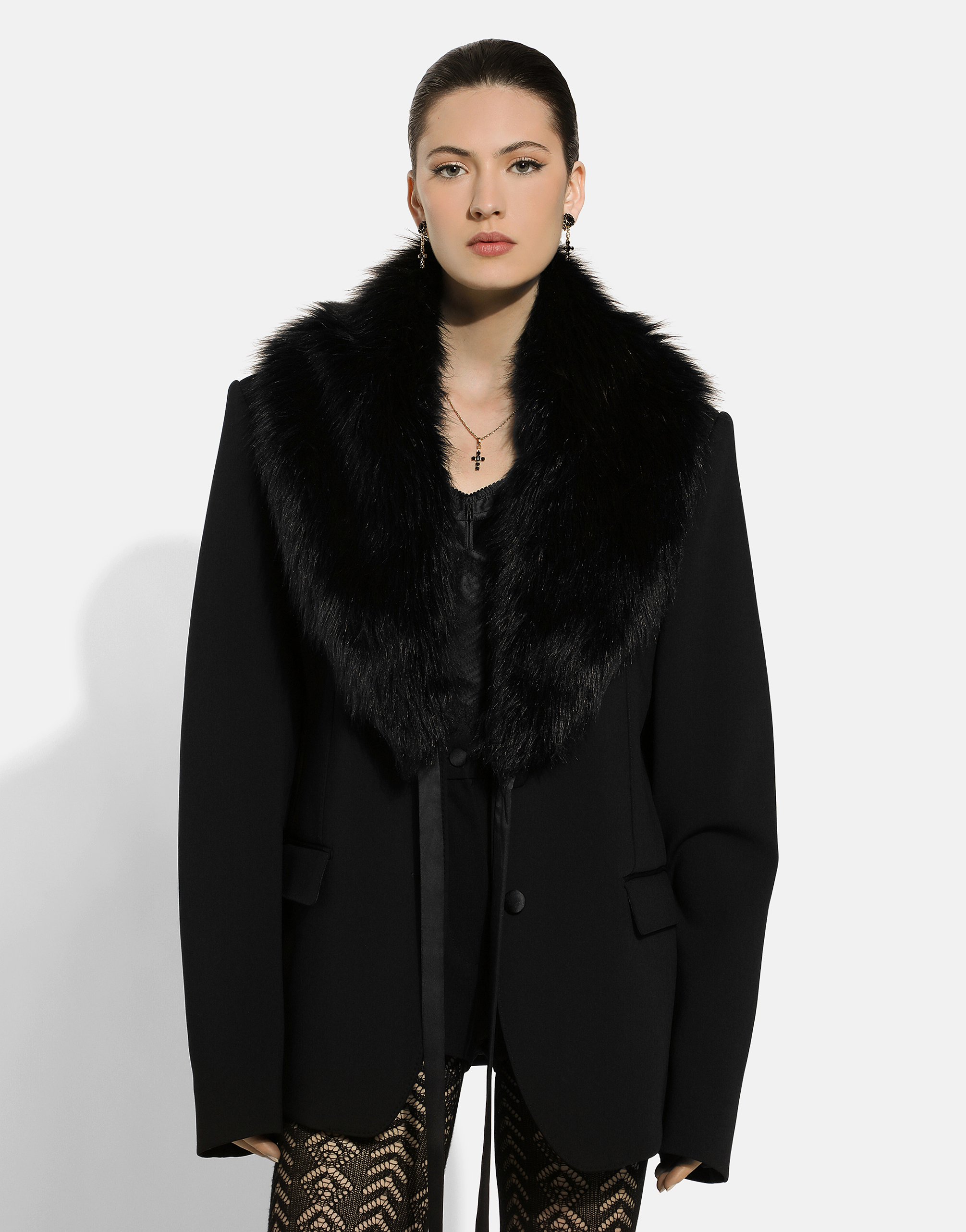 Shop Dolce & Gabbana Wool Jacket With Faux Fur Collar In Black