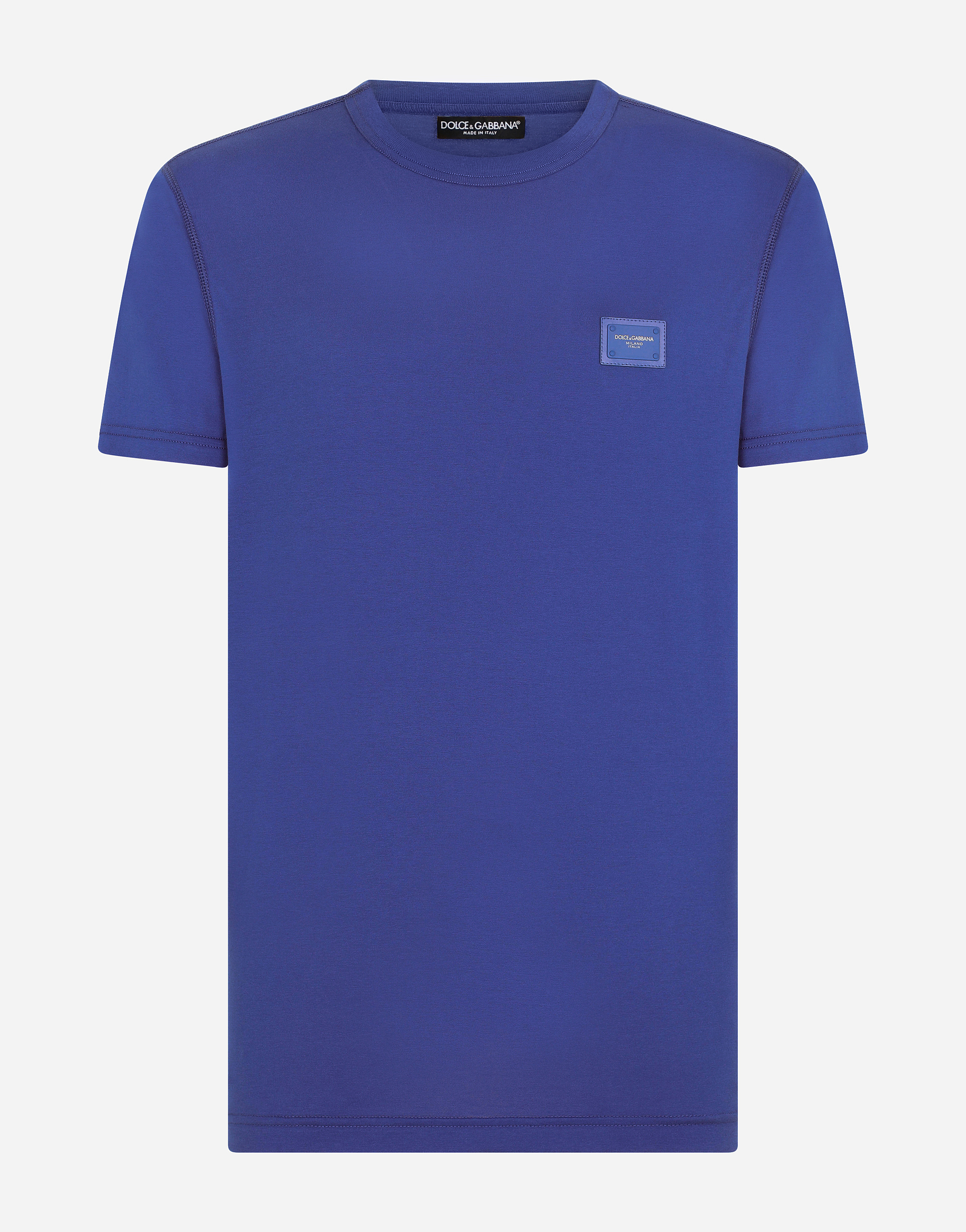 Cotton T-shirt with branded plate in BLUE for Men | Dolce&Gabbana®