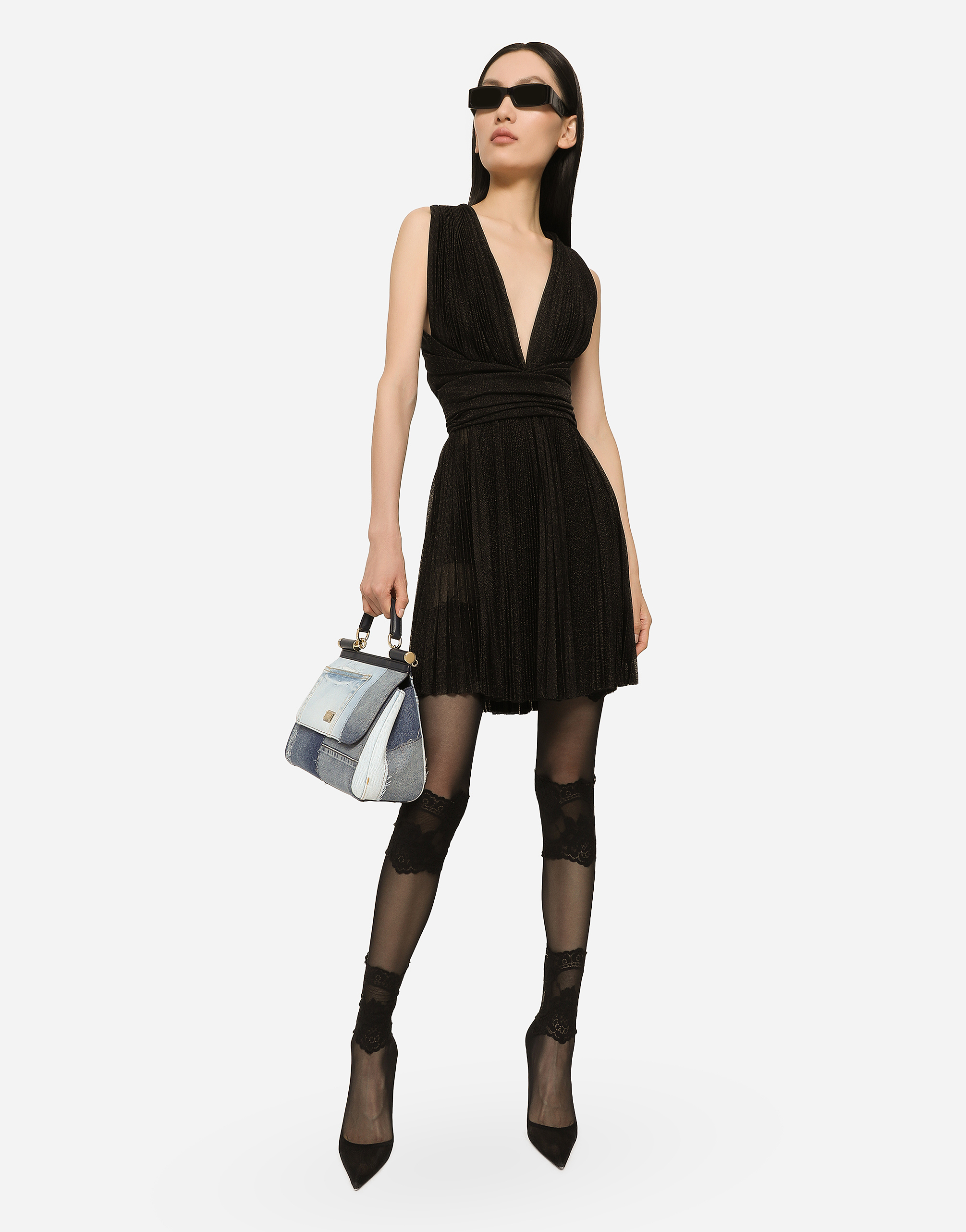 Shop Dolce & Gabbana Short Pleated Lurex Mesh Dress In Black