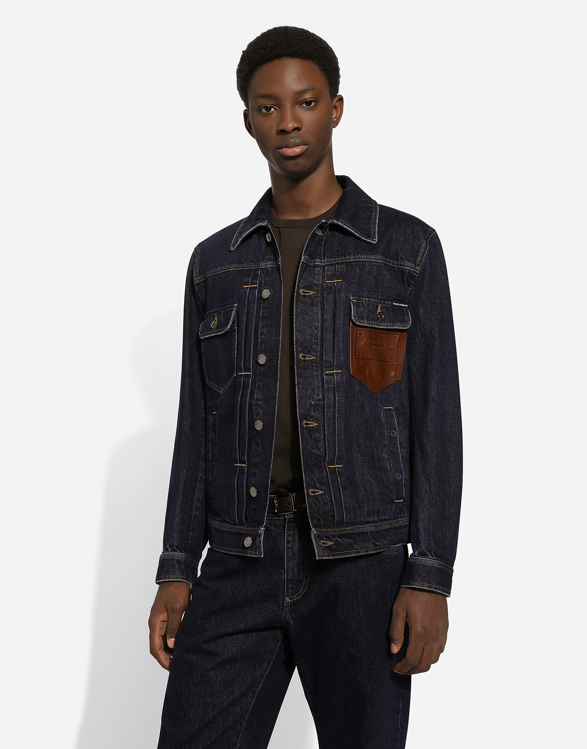 Shop Dolce & Gabbana Denim Jacket With Embossed Tag On Leather In マルチカラー