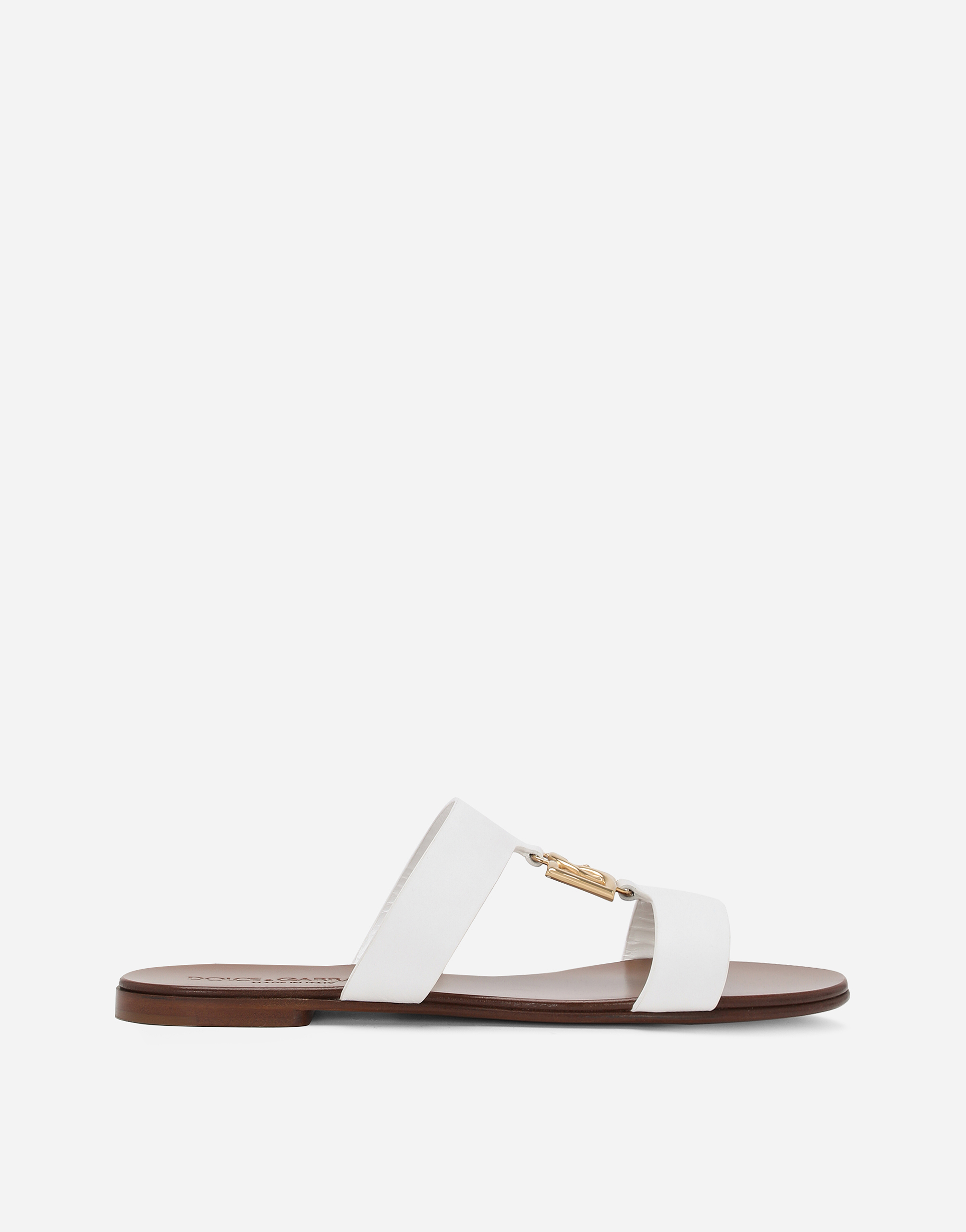 Shop Dolce & Gabbana Calfskin Sliders With Dg Logo In Bianco Ottico