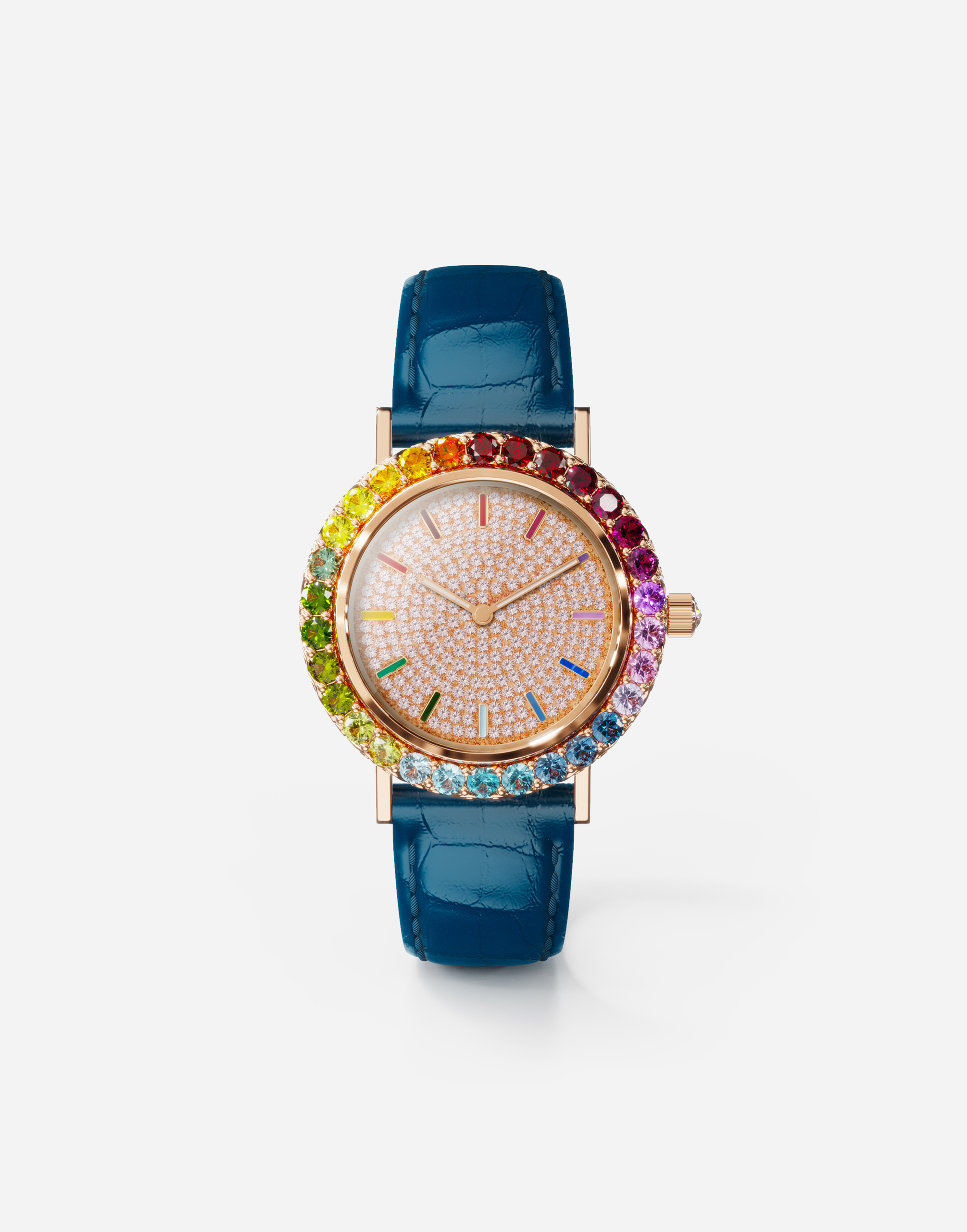 Iris watch in rose gold with multi-colored fine gems and diamonds