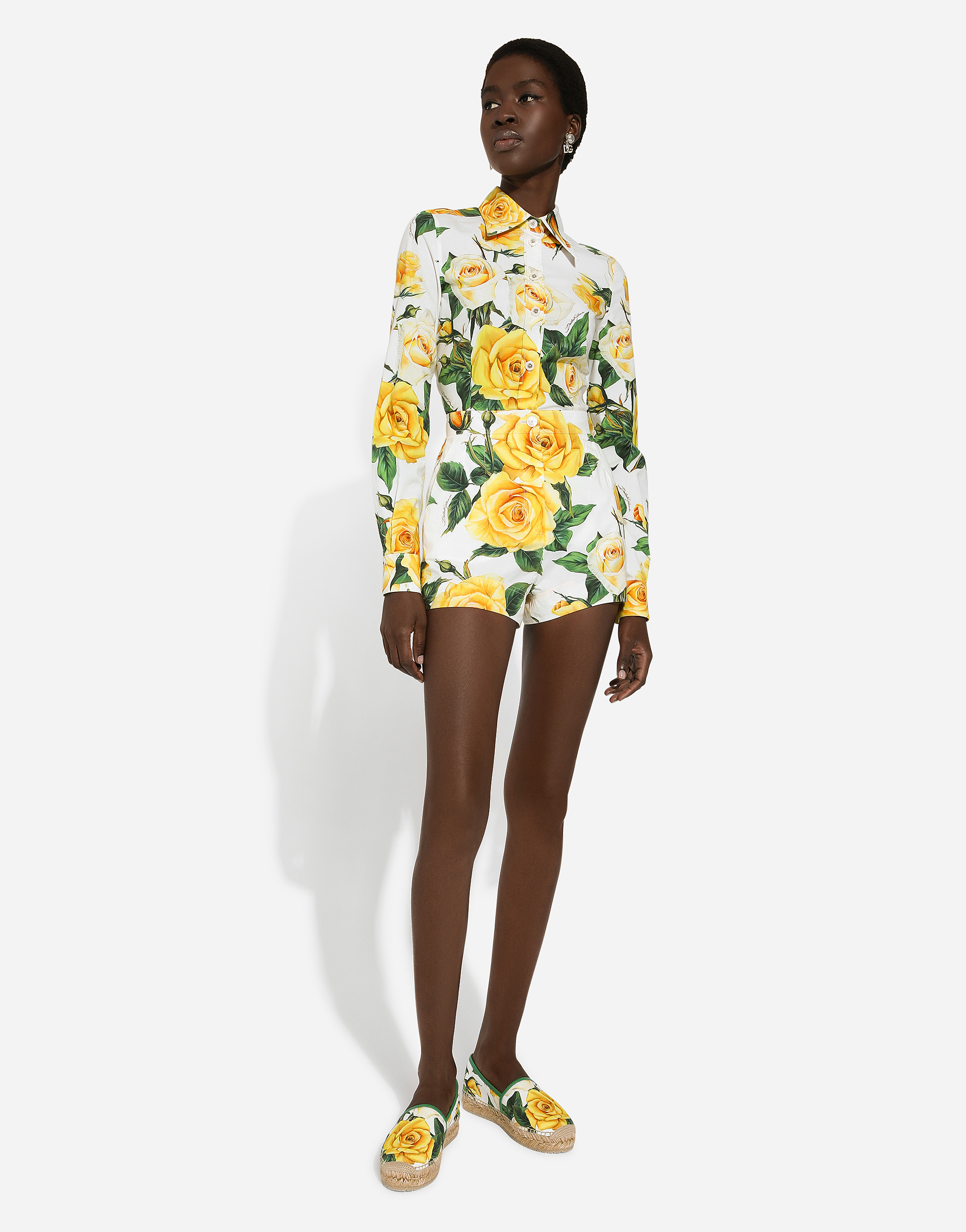 Shop Dolce & Gabbana Long-sleeved Cotton Shirt With Yellow Rose Print