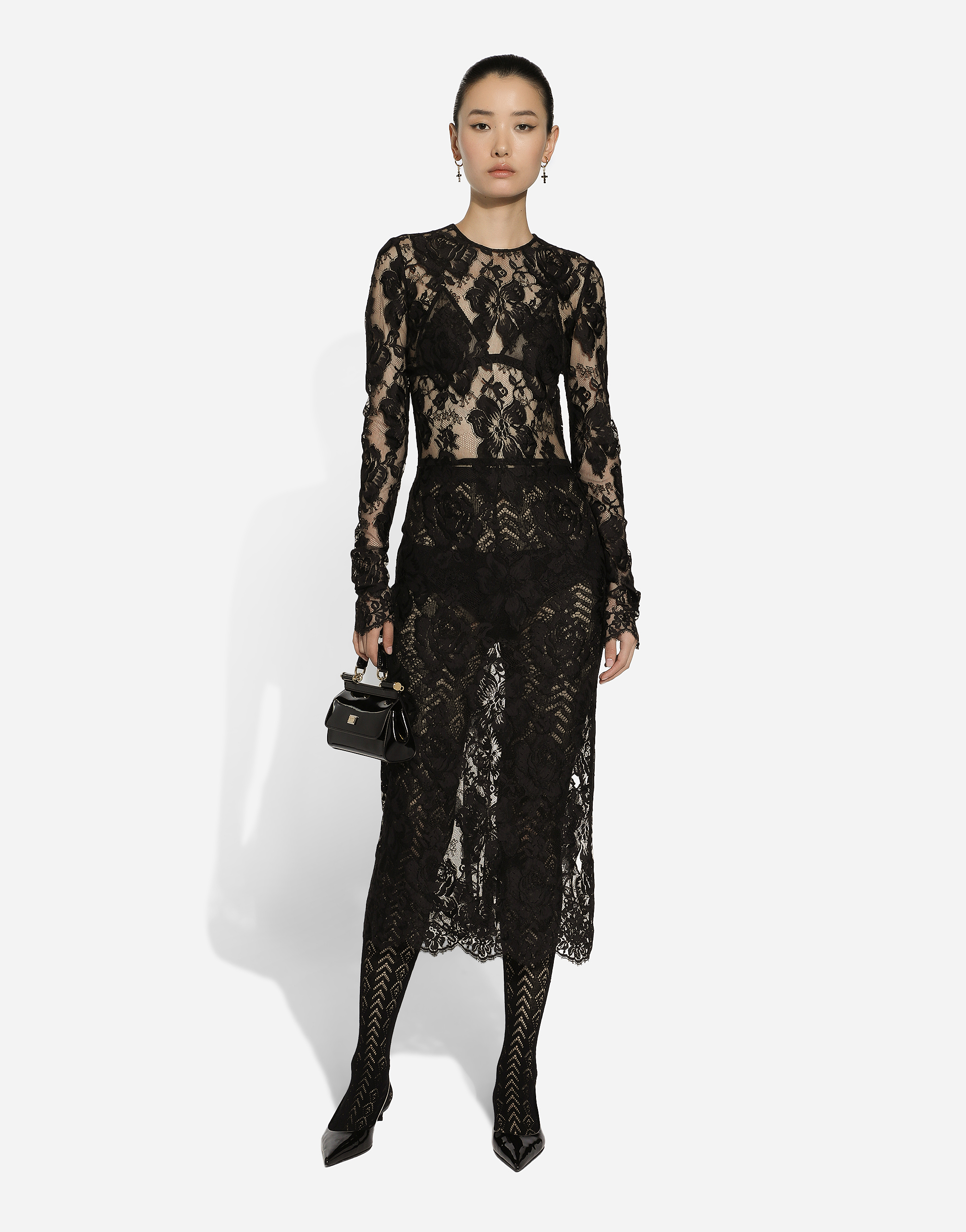 Shop Dolce & Gabbana Calf-length Floral Lace Dress In ブラック