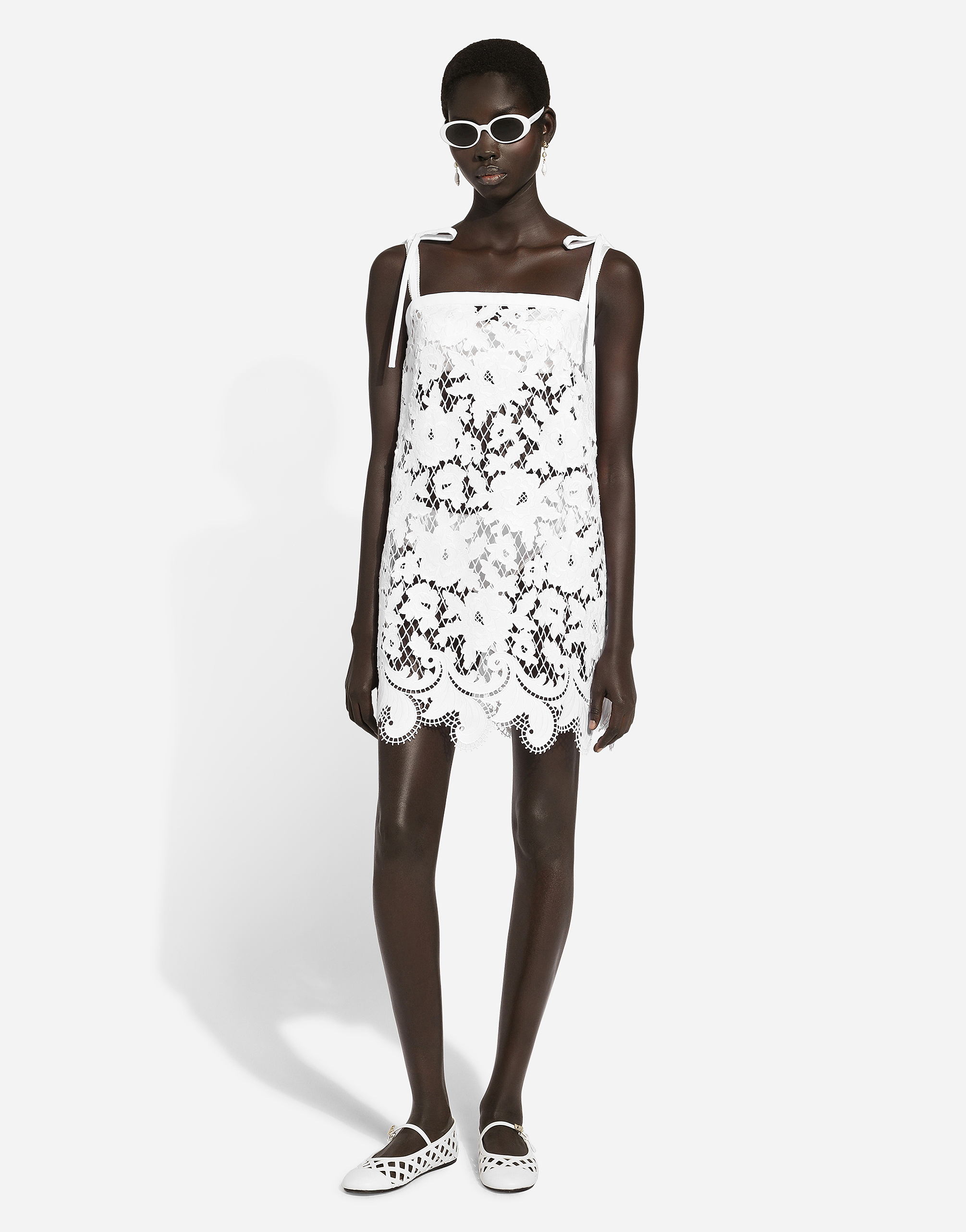 Shop Dolce & Gabbana Cotton Minidress With Floral Openwork Embroidery In ホワイト