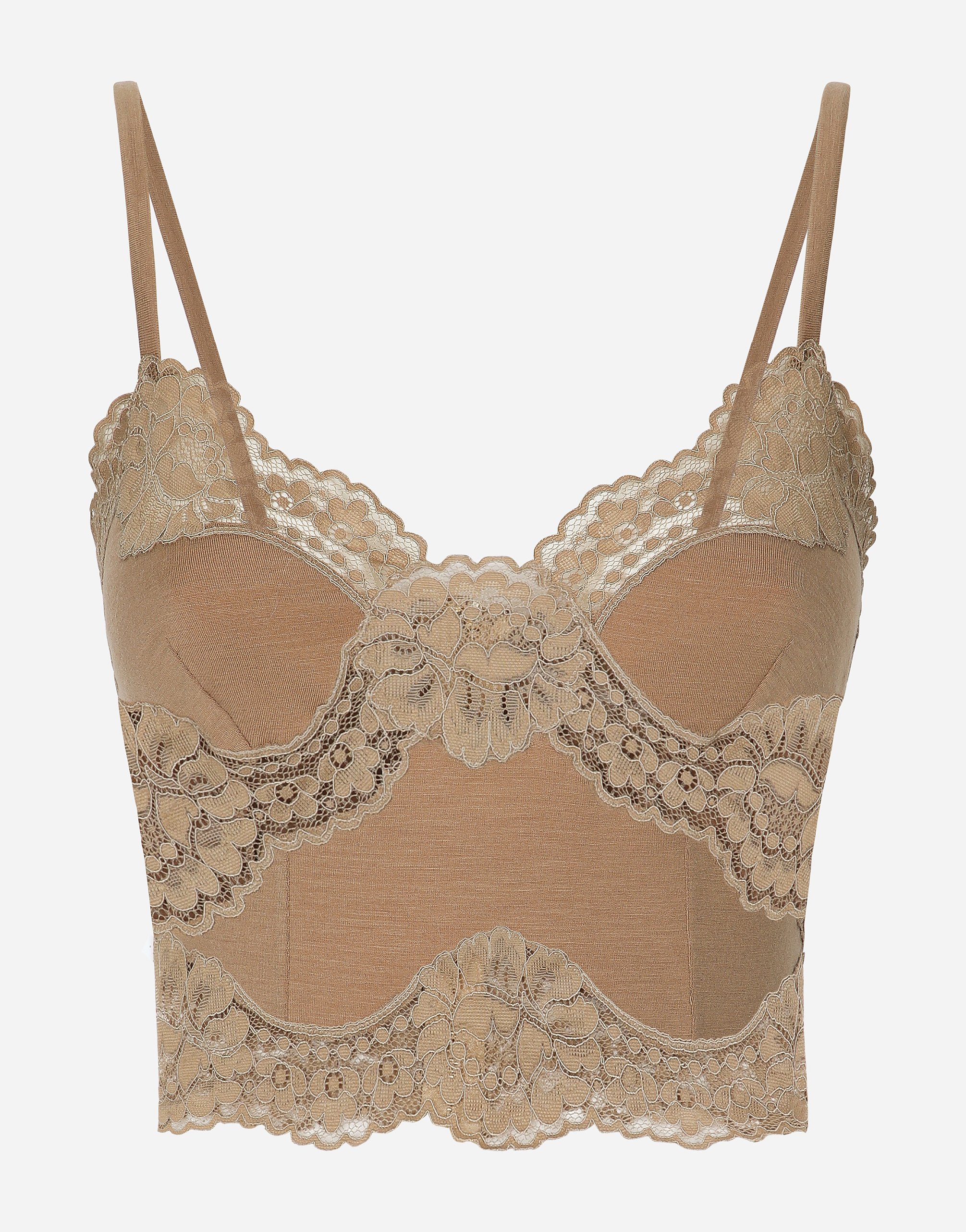 Wool jersey lingerie crop top with lace inlays in Beige for Women