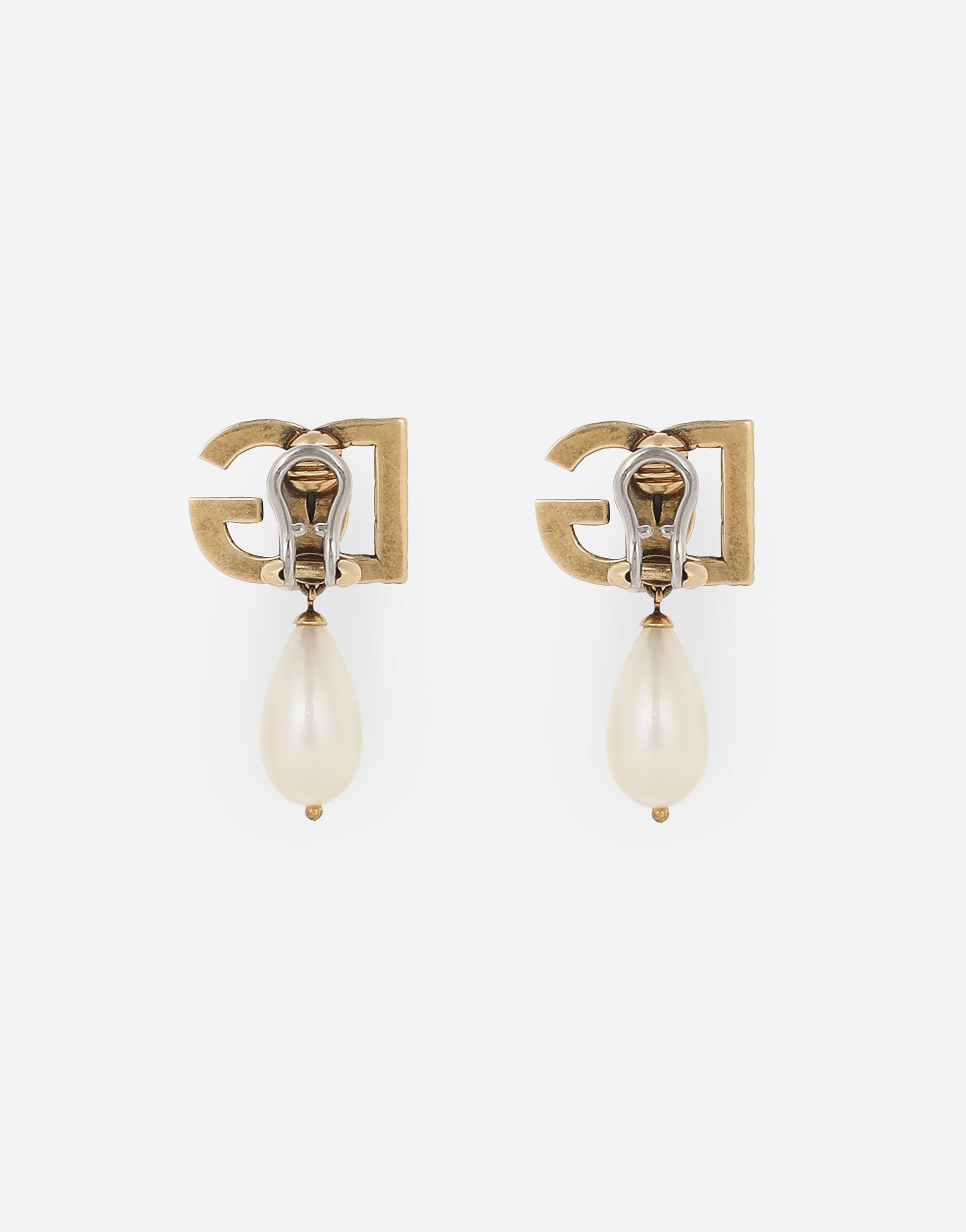 Shop Dolce & Gabbana Drop Earrings With Teardrop Pearl And Dg Logo In ゴールド