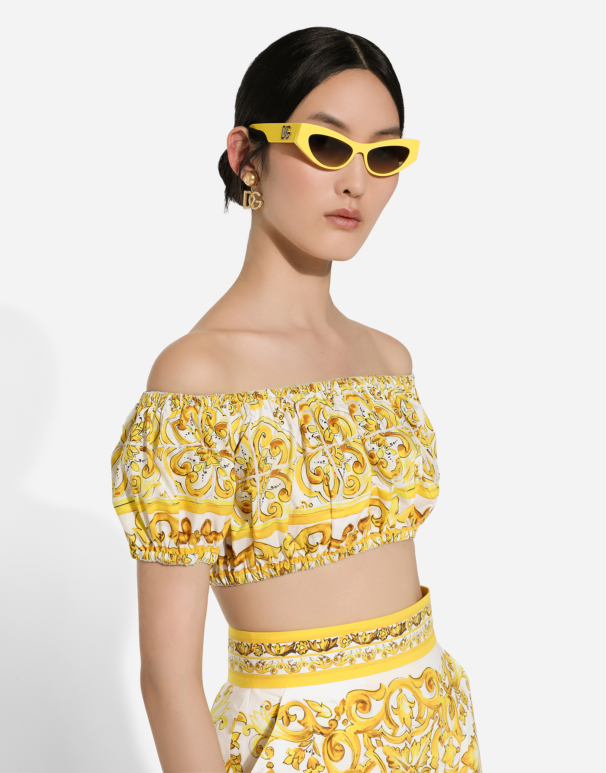 Shop Dolce & Gabbana Cotton Poplin Crop Top With Majolica Print