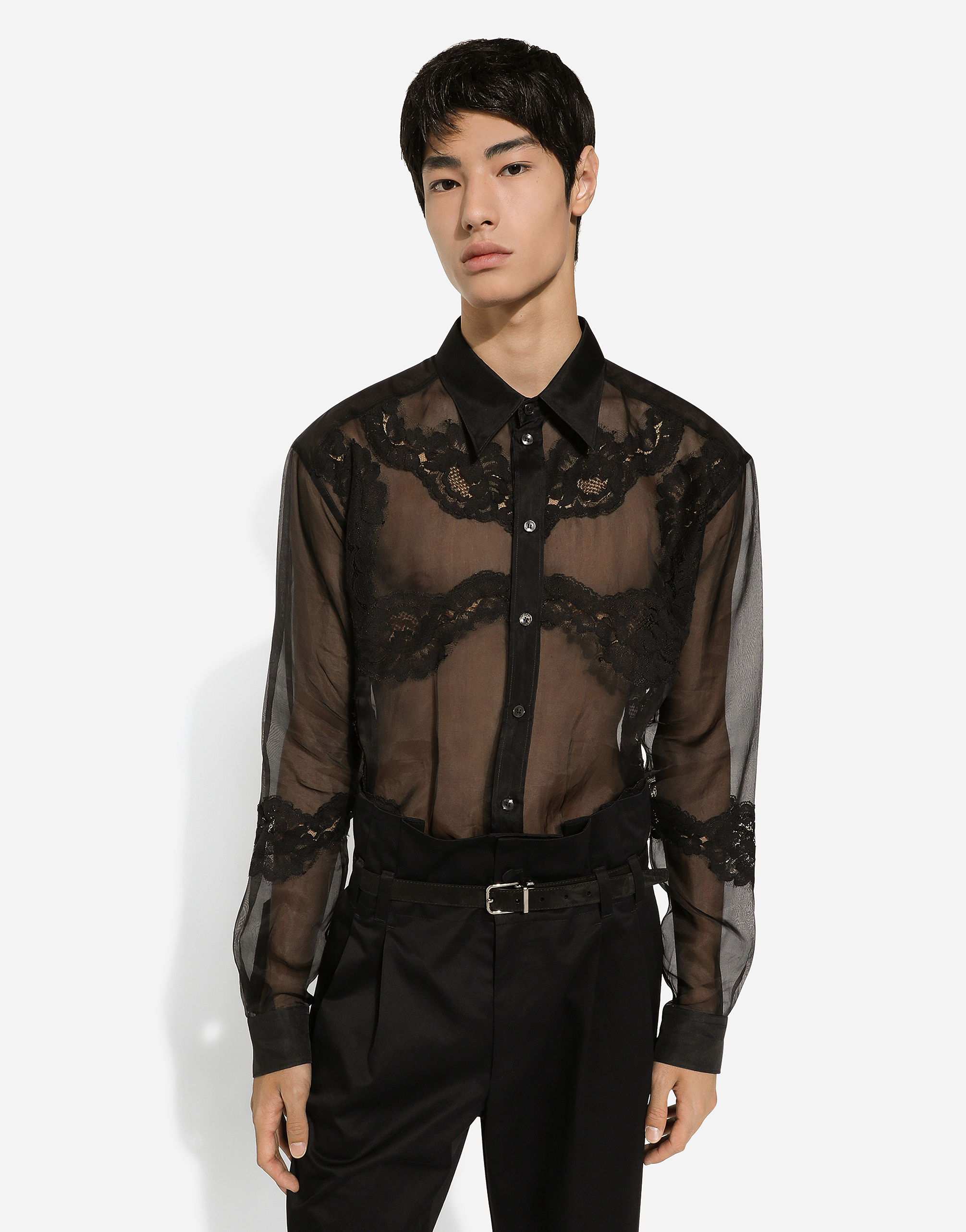 Shop Dolce & Gabbana Oversize Organza Shirt With Lace Inserts In Black