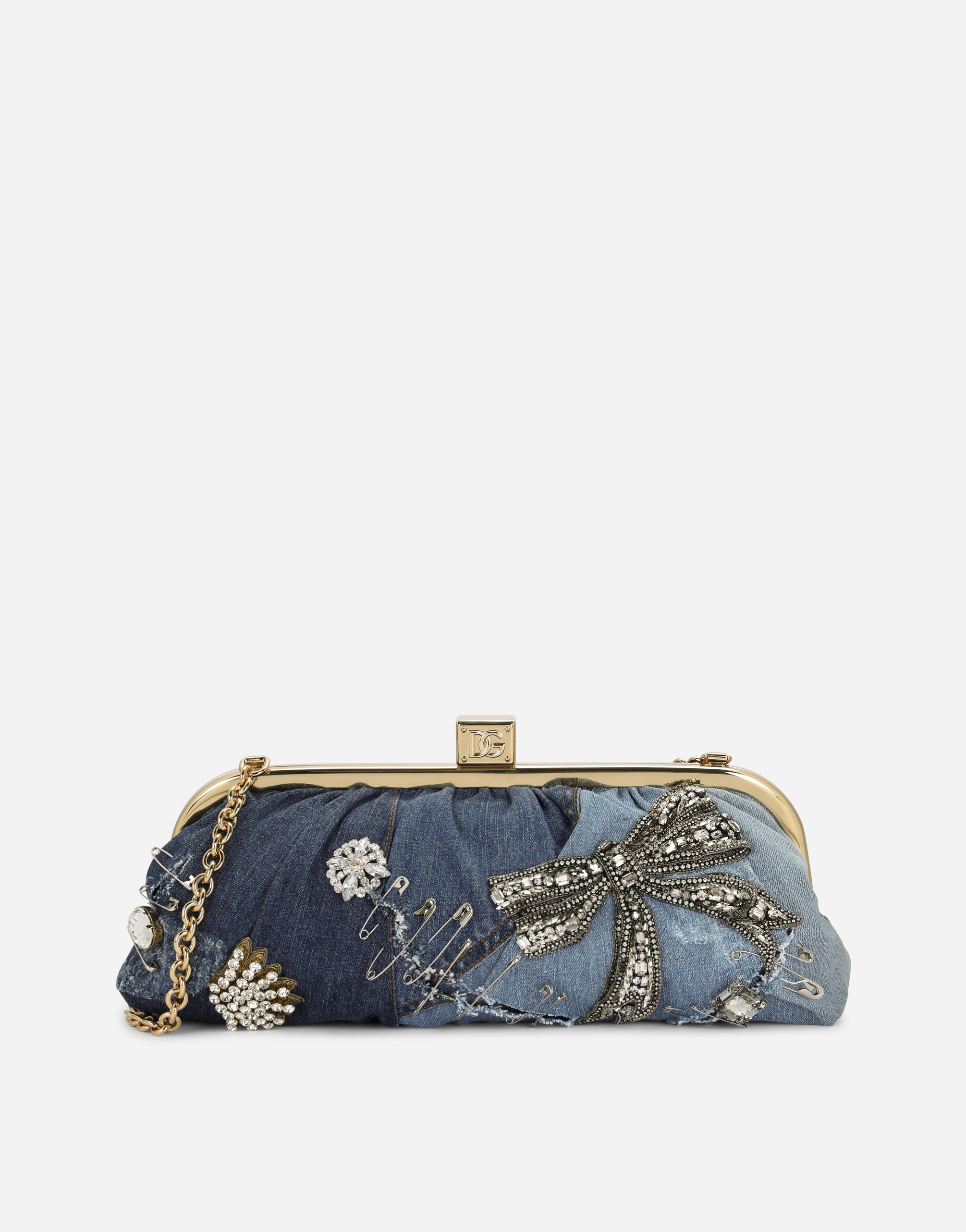 Patchwork denim Maria clutch with embroidery