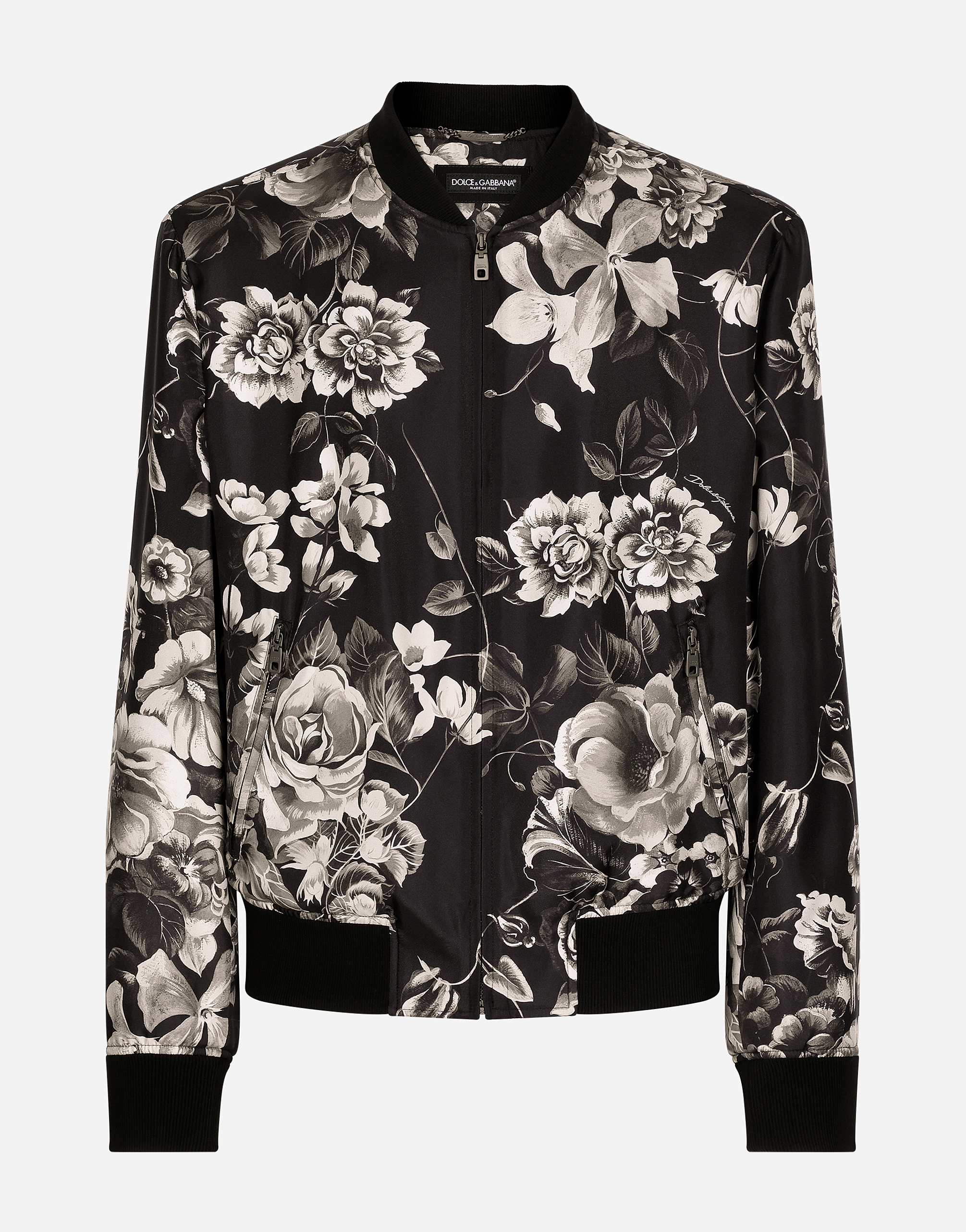 Printのメンズ Oversize silk bomber jacket with floral print 