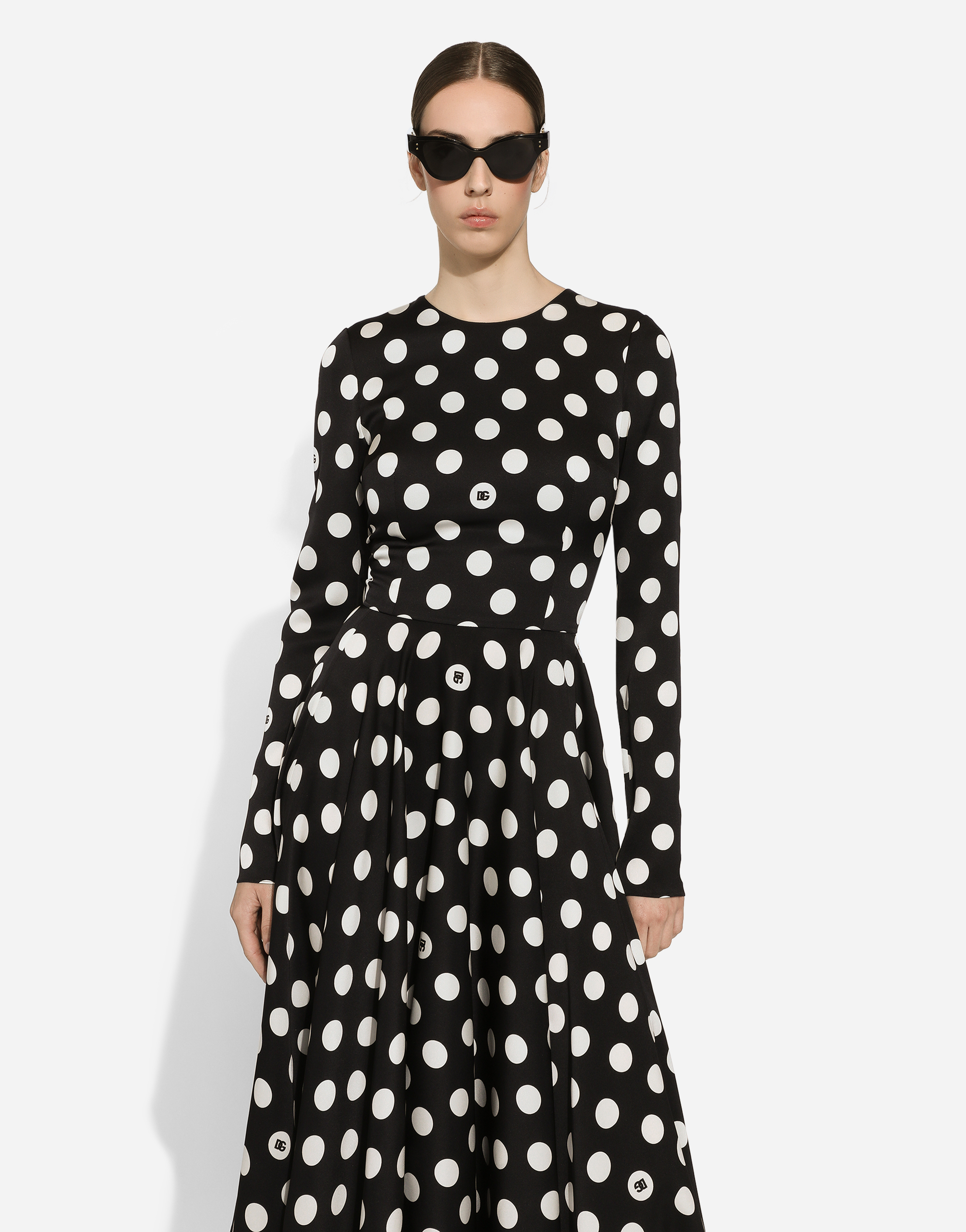 Shop Dolce & Gabbana Charmeuse Calf-length Circle-skirt Dress With Polka-dot Print In プリ