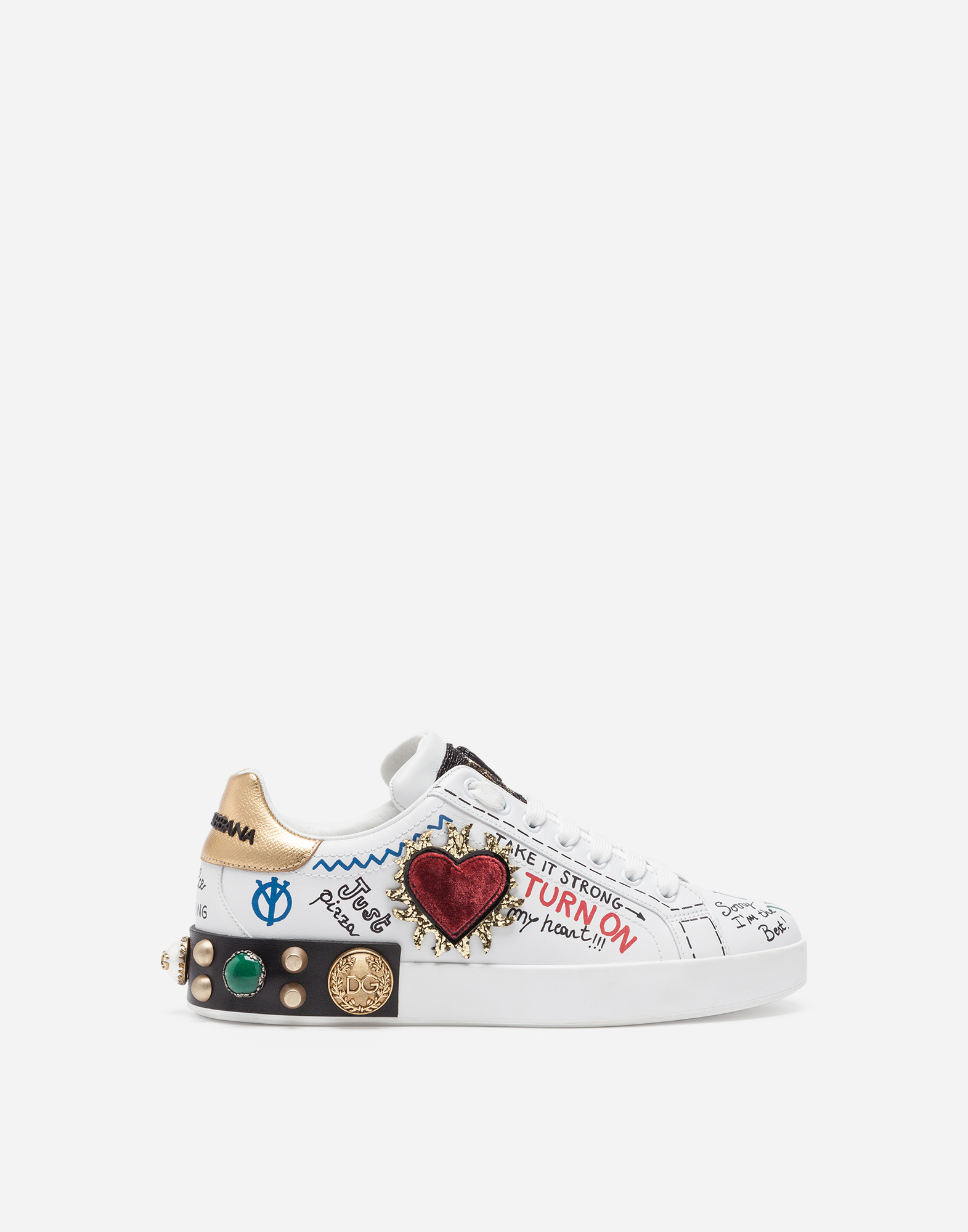 Printed calfskin nappa Portofino sneakers with patch and embroidery