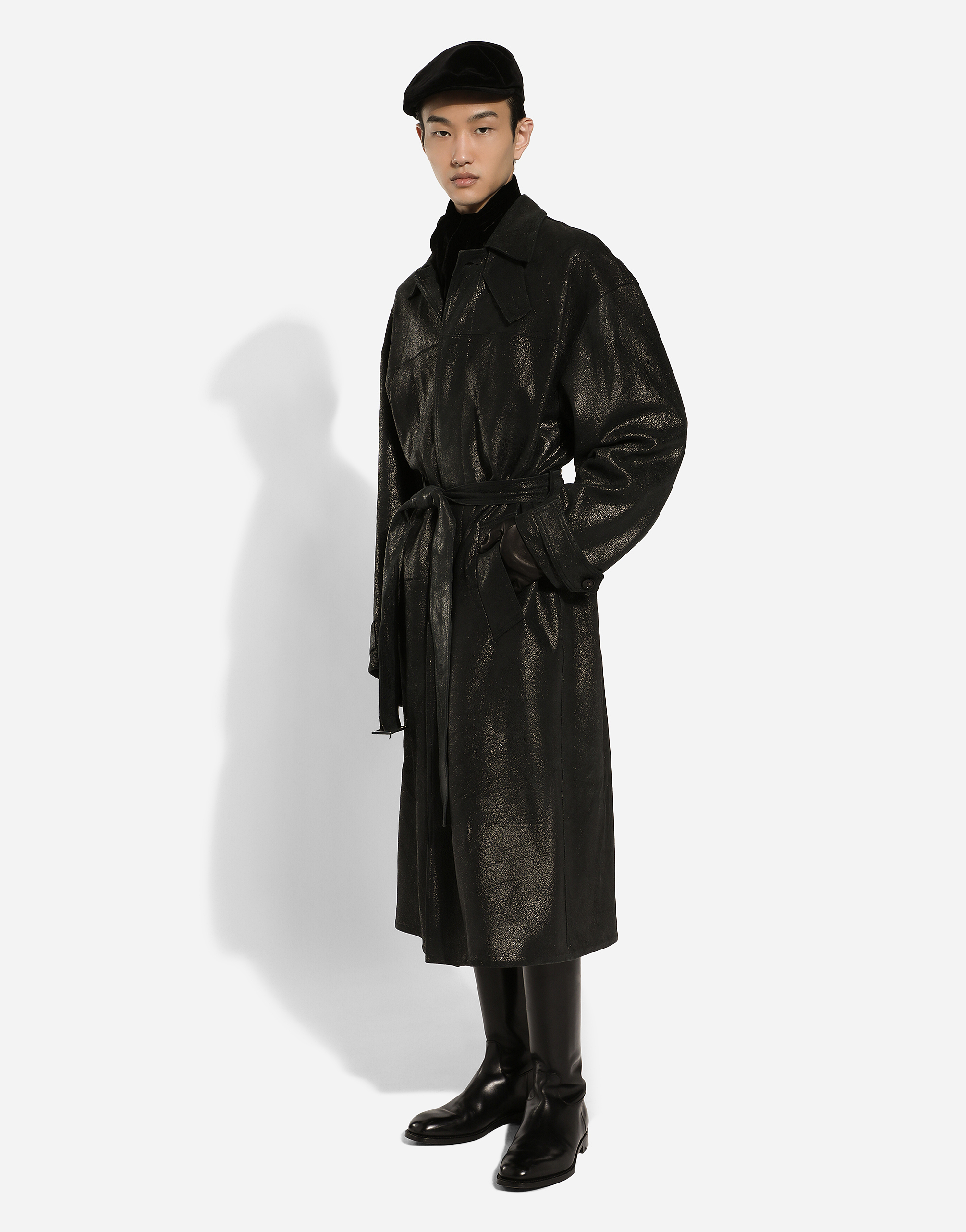 Shop Dolce & Gabbana Leather Trench Coat With Belt In Black