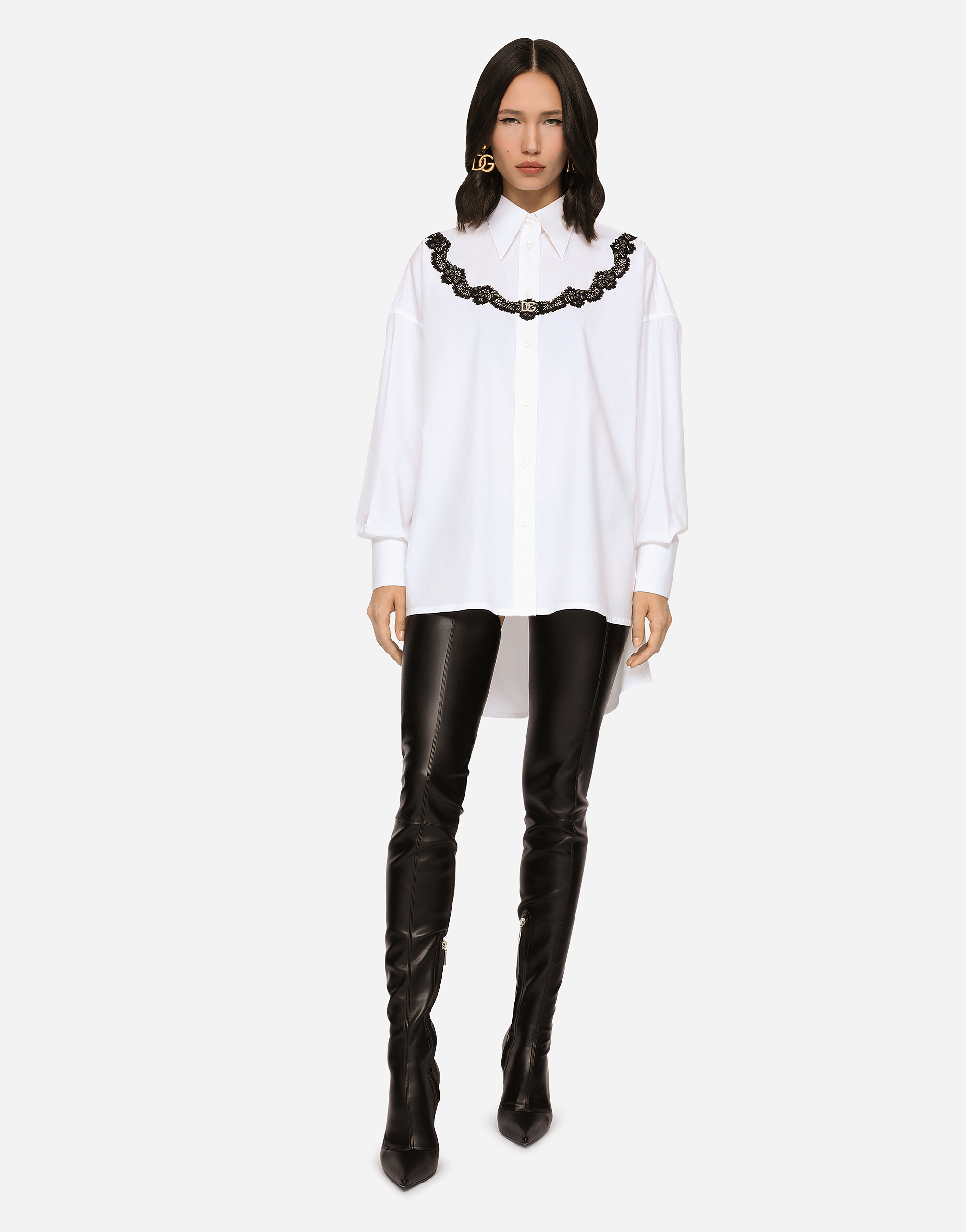 Shop Dolce & Gabbana Oversize Poplin Shirt With Lace Inserts In White
