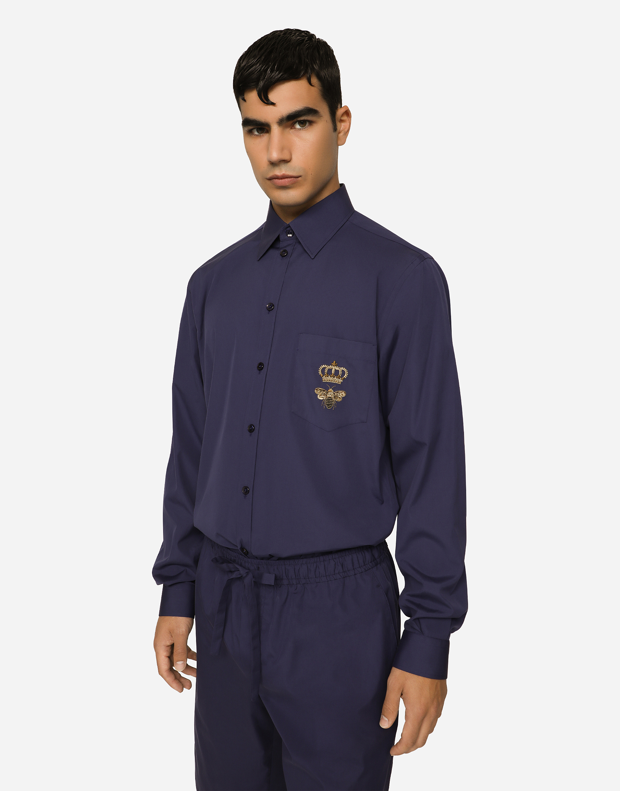 Shop Dolce & Gabbana Cotton Martini-fit Shirt With Embroidery In Blue