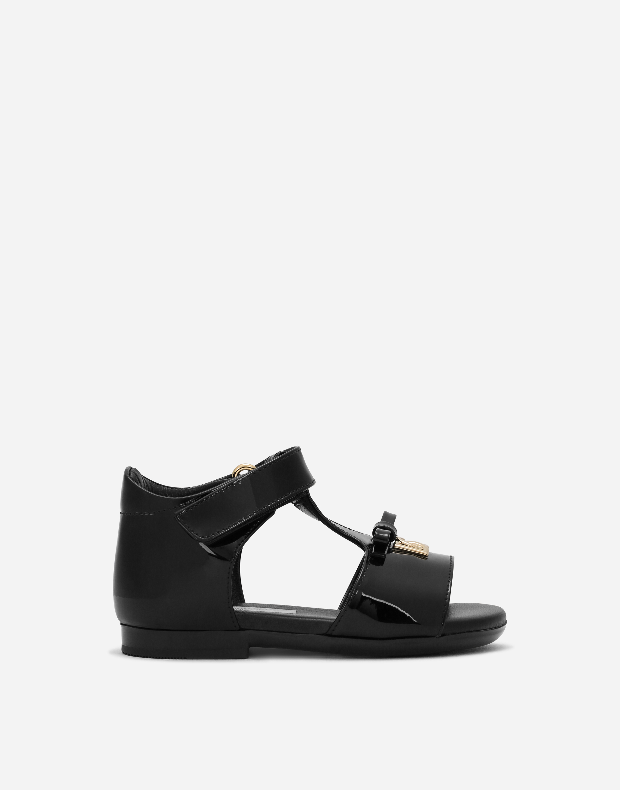 Patent Leather First Steps Sandals With Metal Dg Logo In Black For