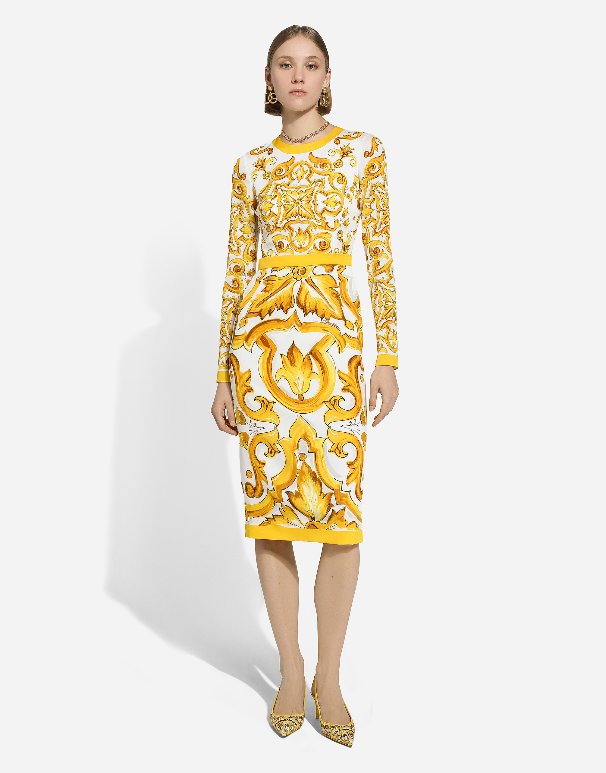 Shop Dolce & Gabbana Charmeuse Calf-length Sheath Dress With Majolica Print