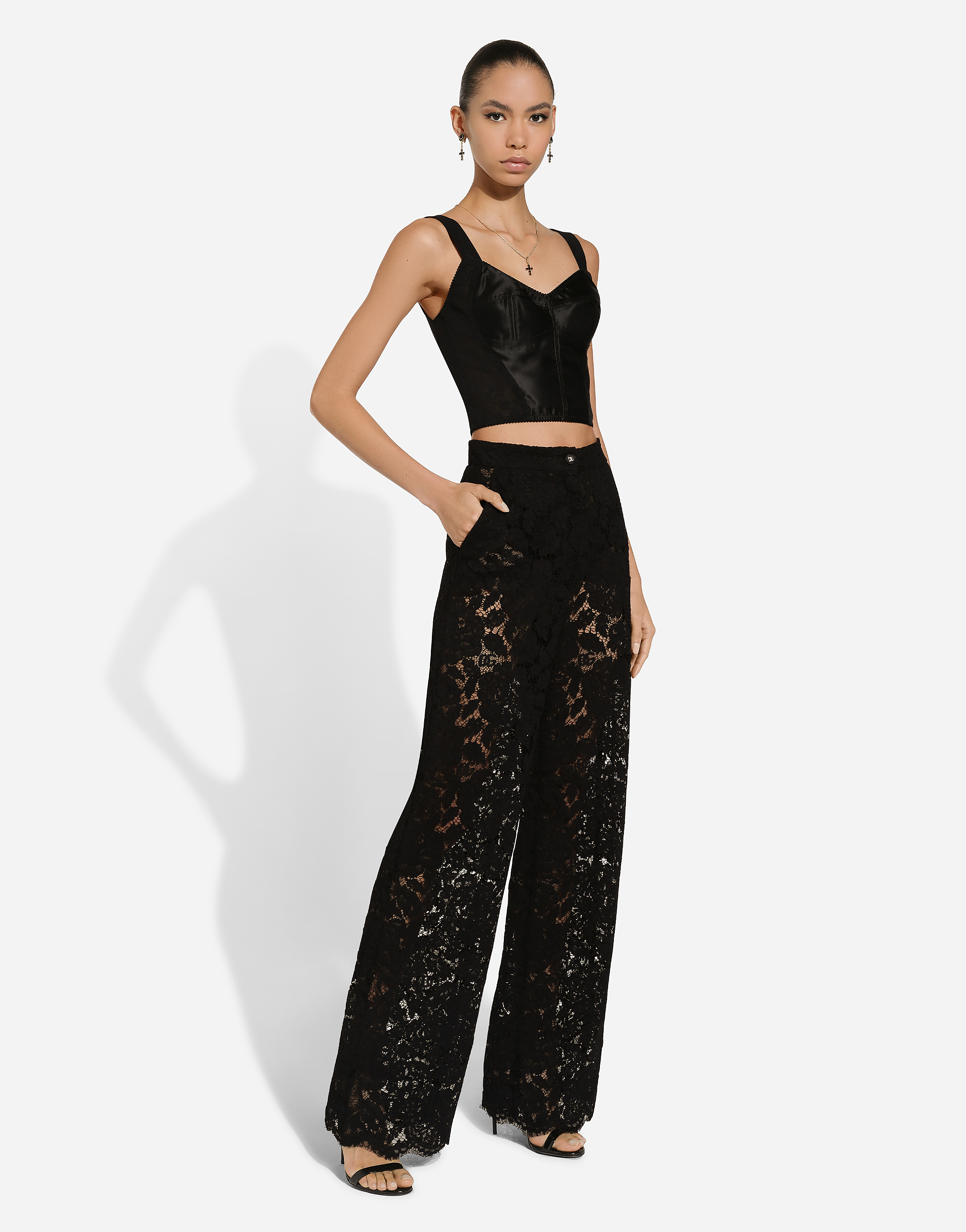 Shop Dolce & Gabbana Flared Floral Cordonetto Lace Pants With Dg Logo In Black