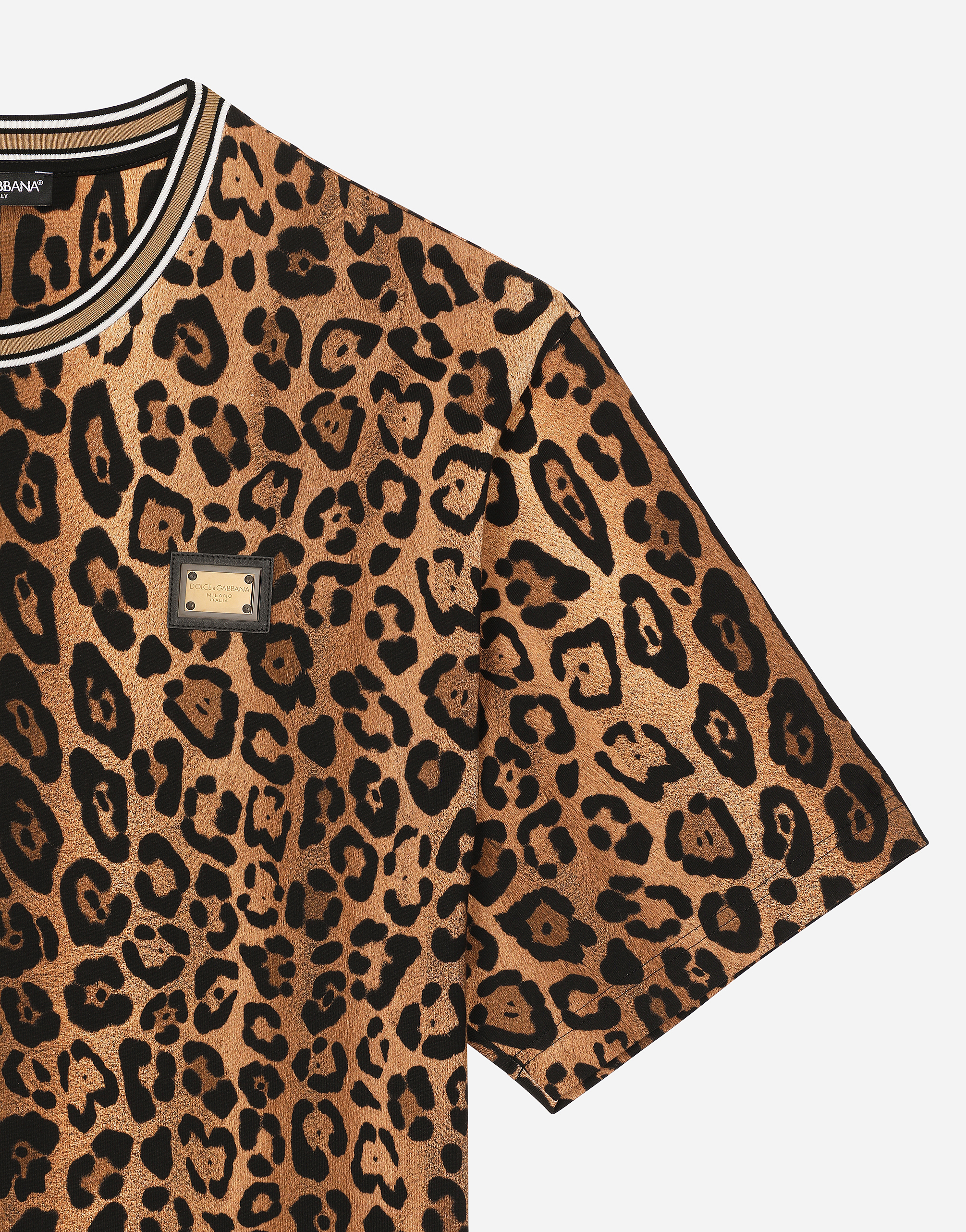 Shop Dolce & Gabbana Round-neck T-shirt With Leopard-print Crespo And Tag