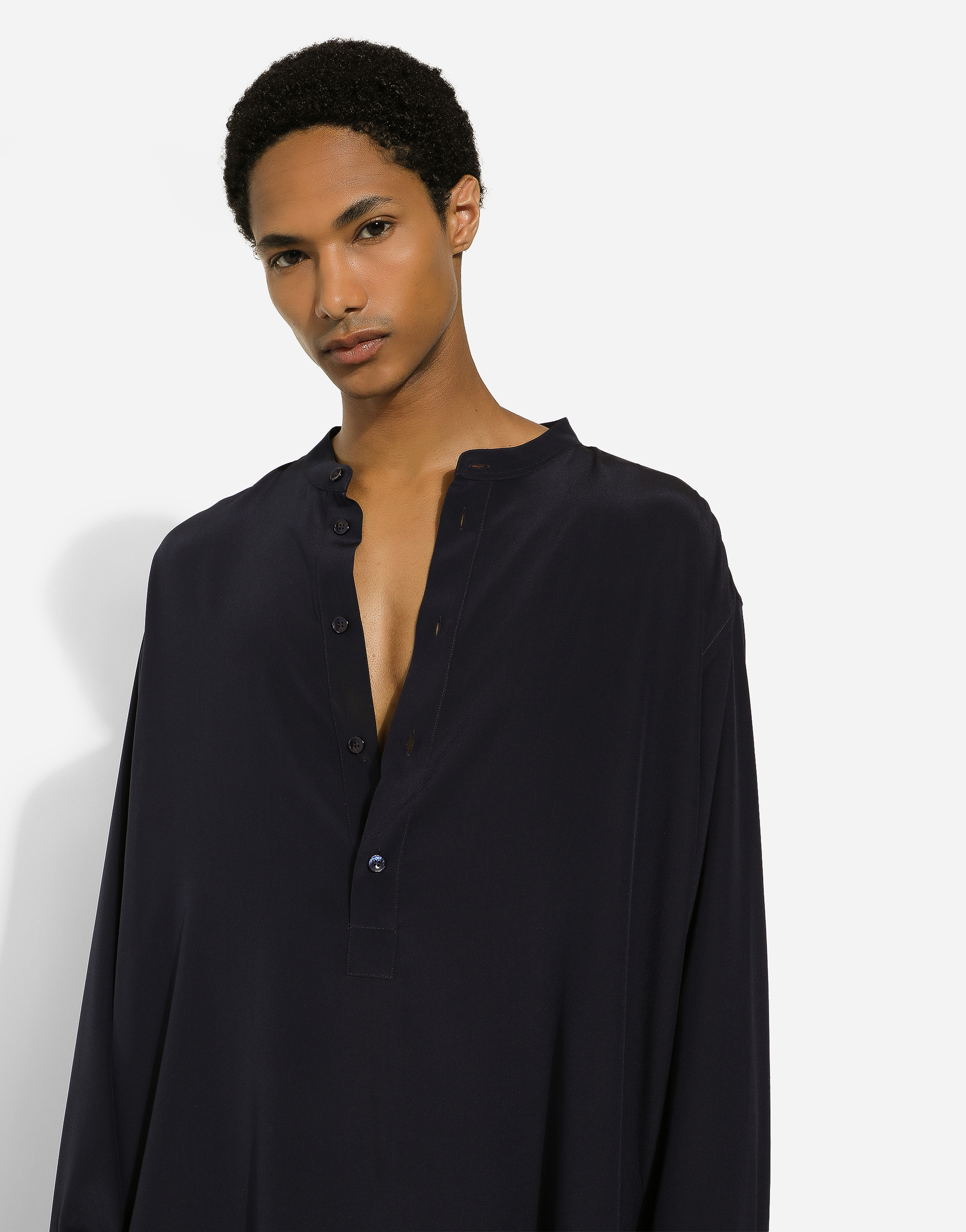 Shop Dolce & Gabbana Silk Shirt With Mandarin Collar In Blue