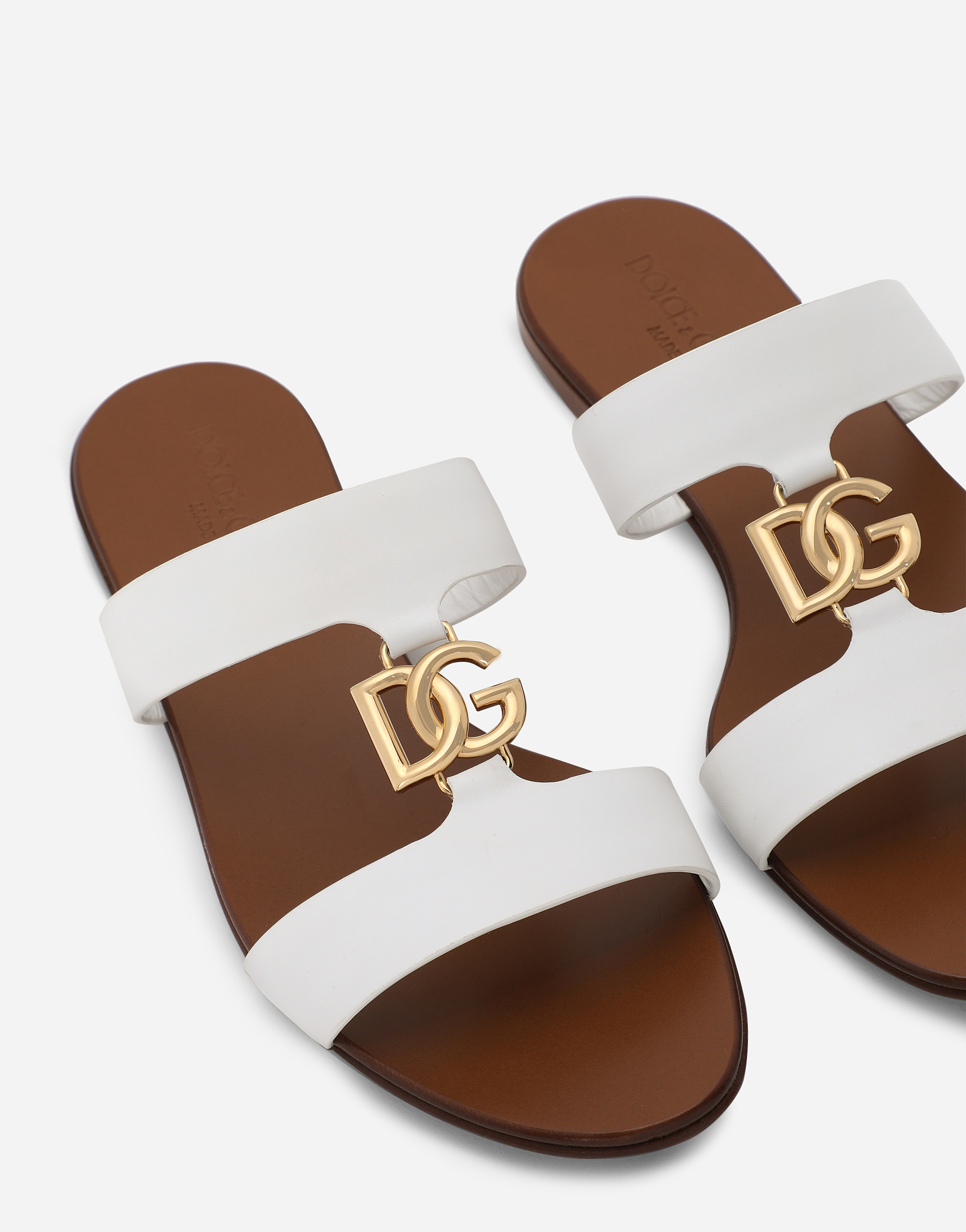 Shop Dolce & Gabbana Calfskin Sliders With Dg Logo In Bianco Ottico