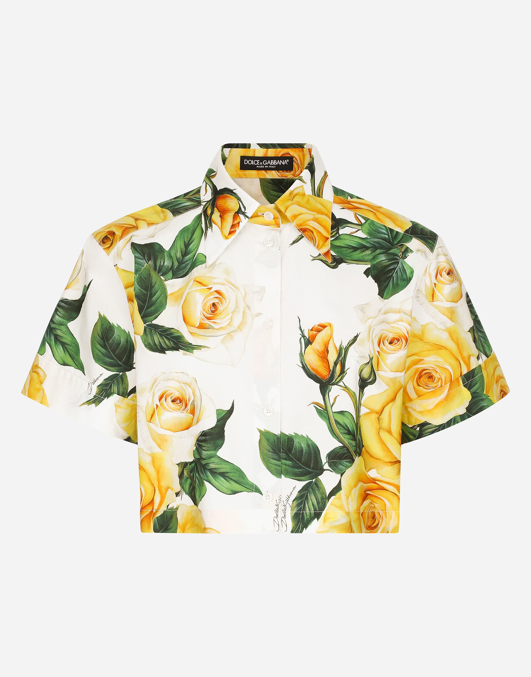 Short cotton shirt with yellow rose print in Print for Women