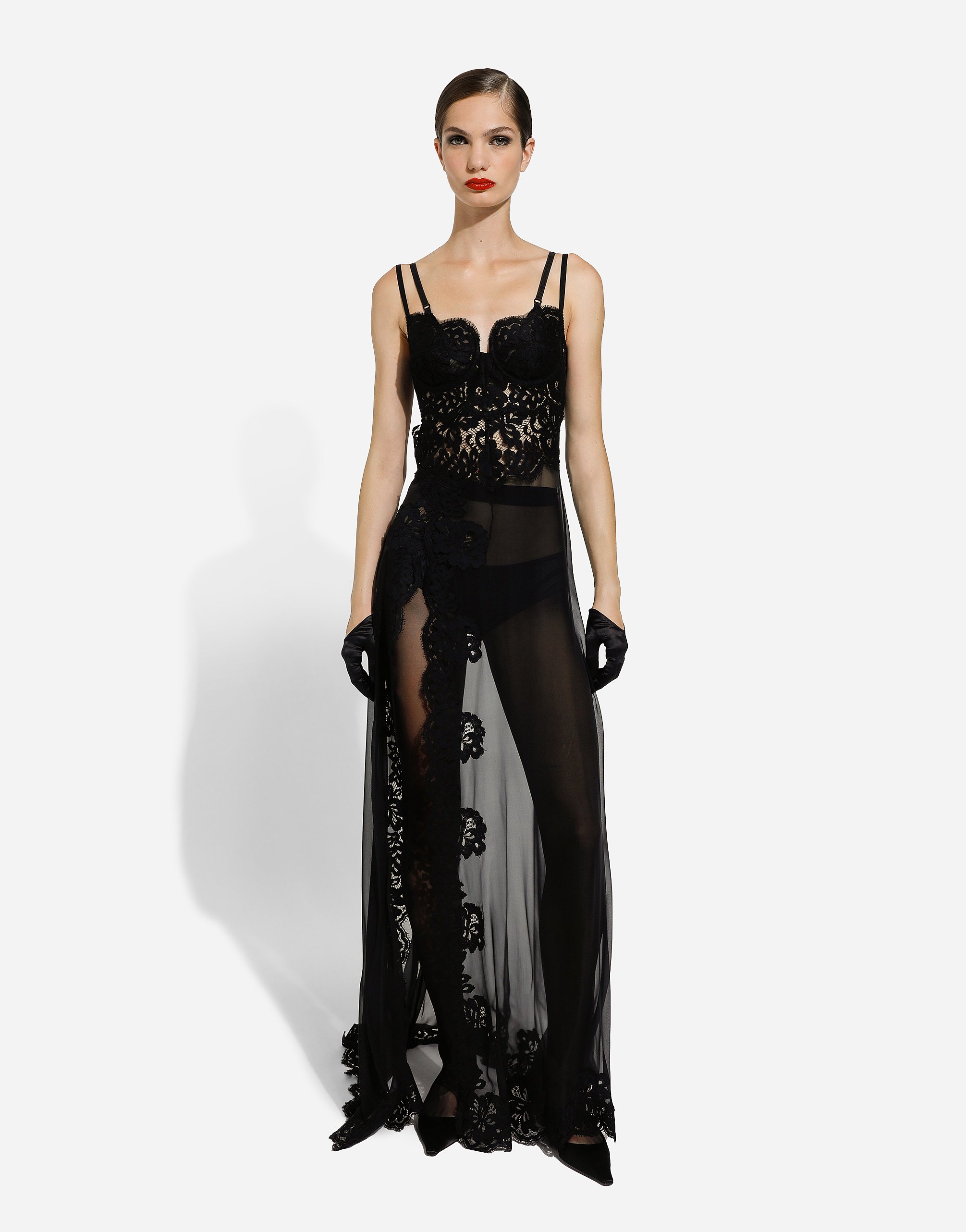 Shop Dolce & Gabbana Long Silk Chiffon And Chantilly Lace Slip Dress In Black