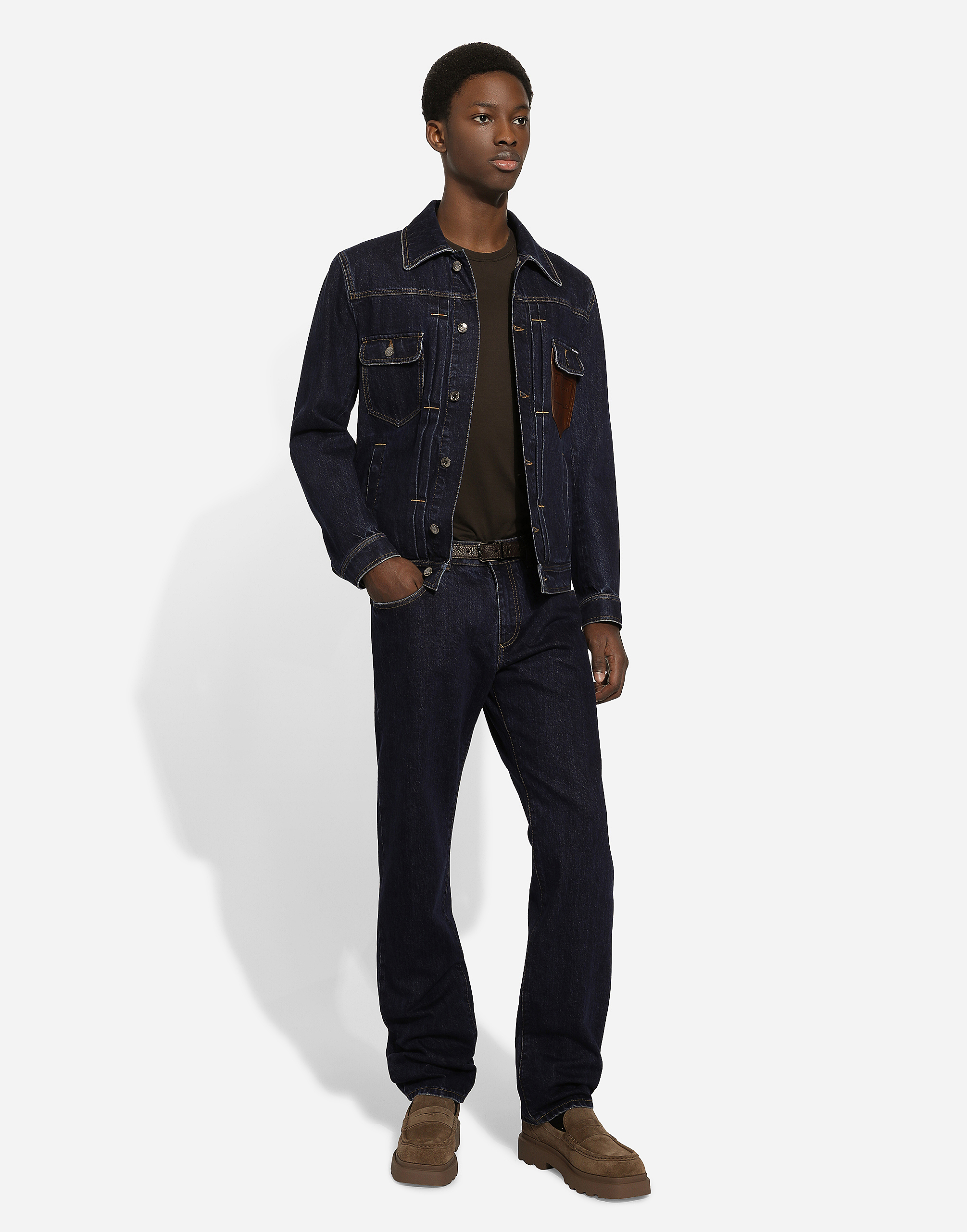 Shop Dolce & Gabbana Denim Jacket With Embossed Tag On Leather In マルチカラー