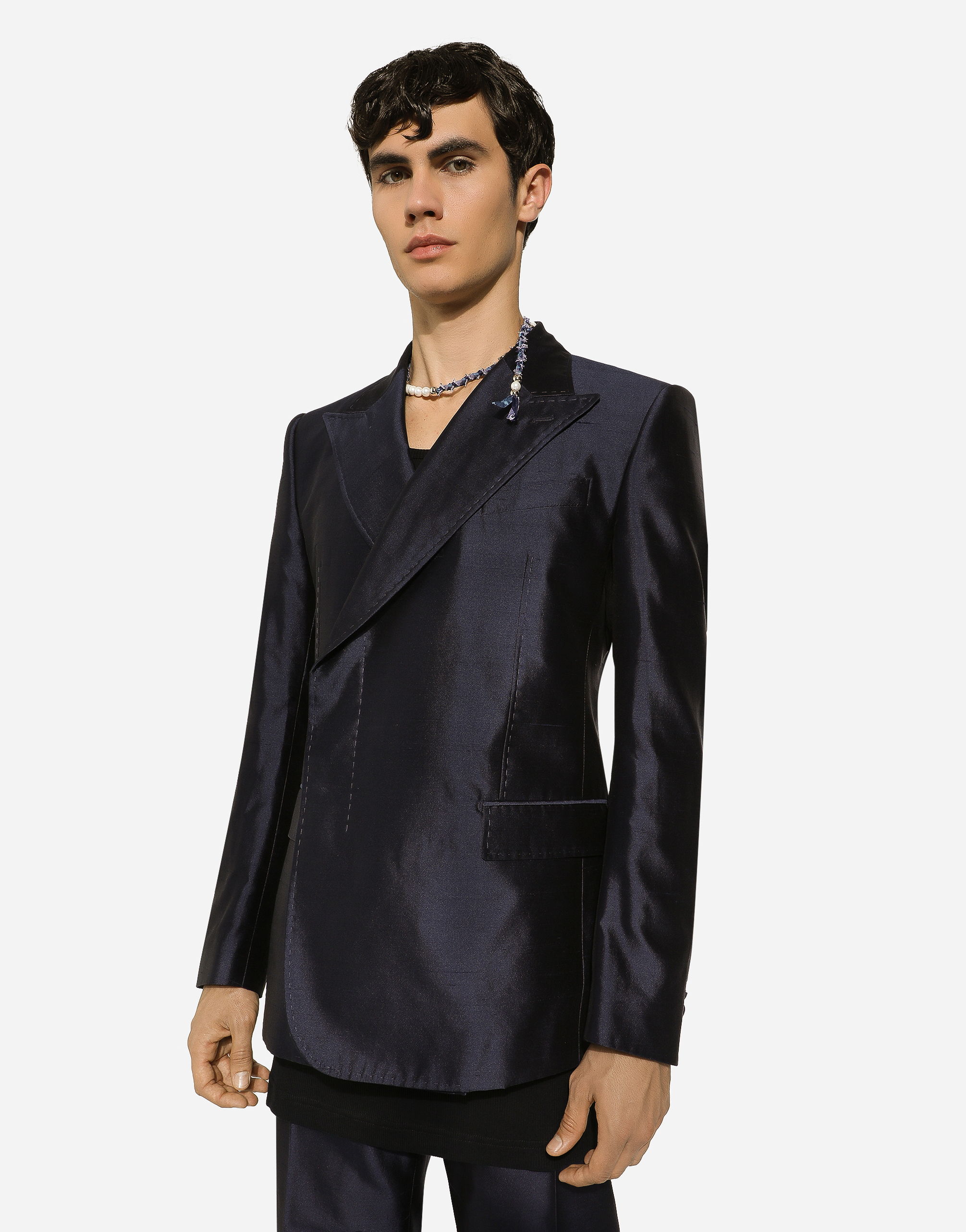 Shop Dolce & Gabbana Double-breasted Shantung Silk Sicilia-fit Jacket In Blue