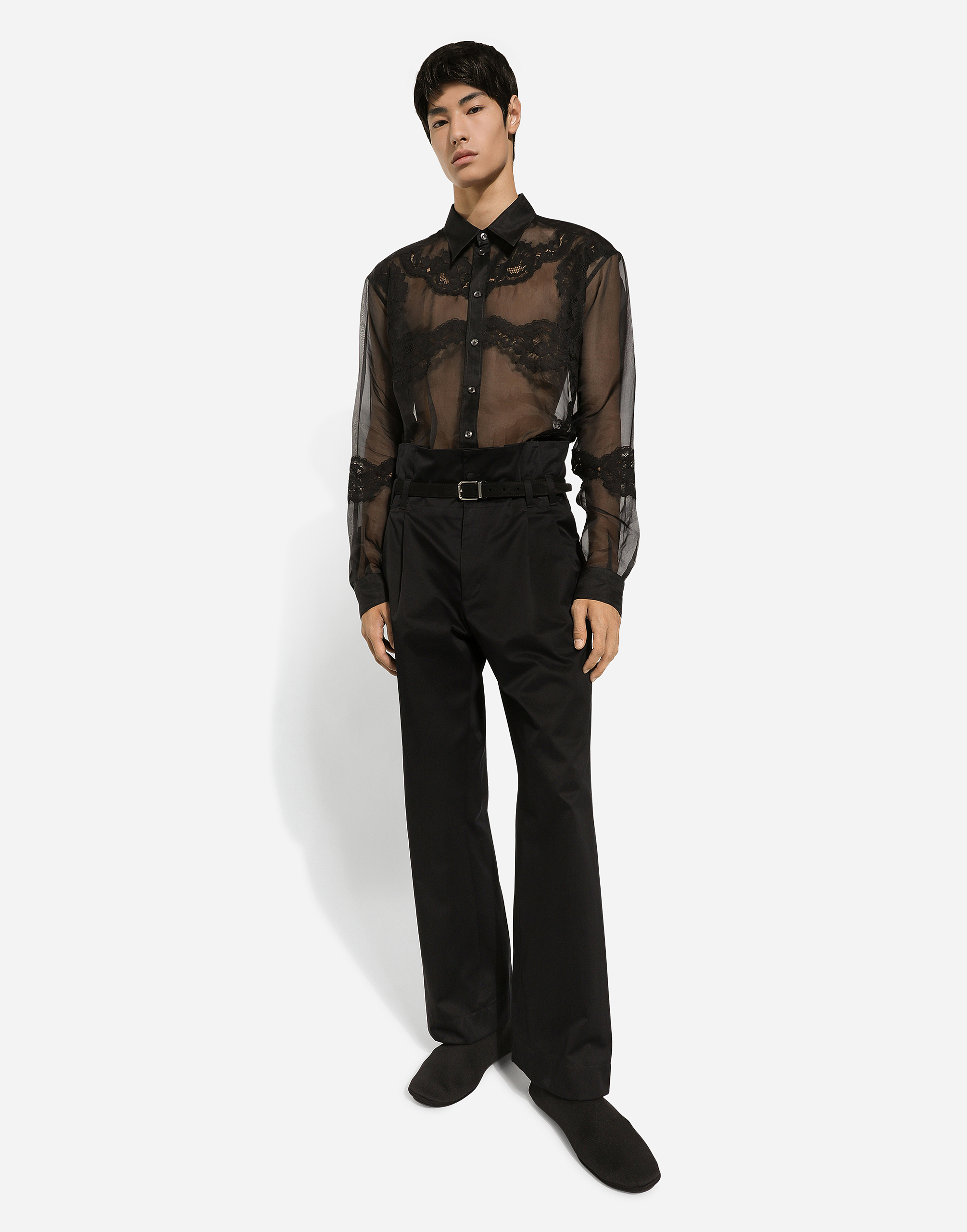 Shop Dolce & Gabbana Oversize Organza Shirt With Lace Inserts In Black