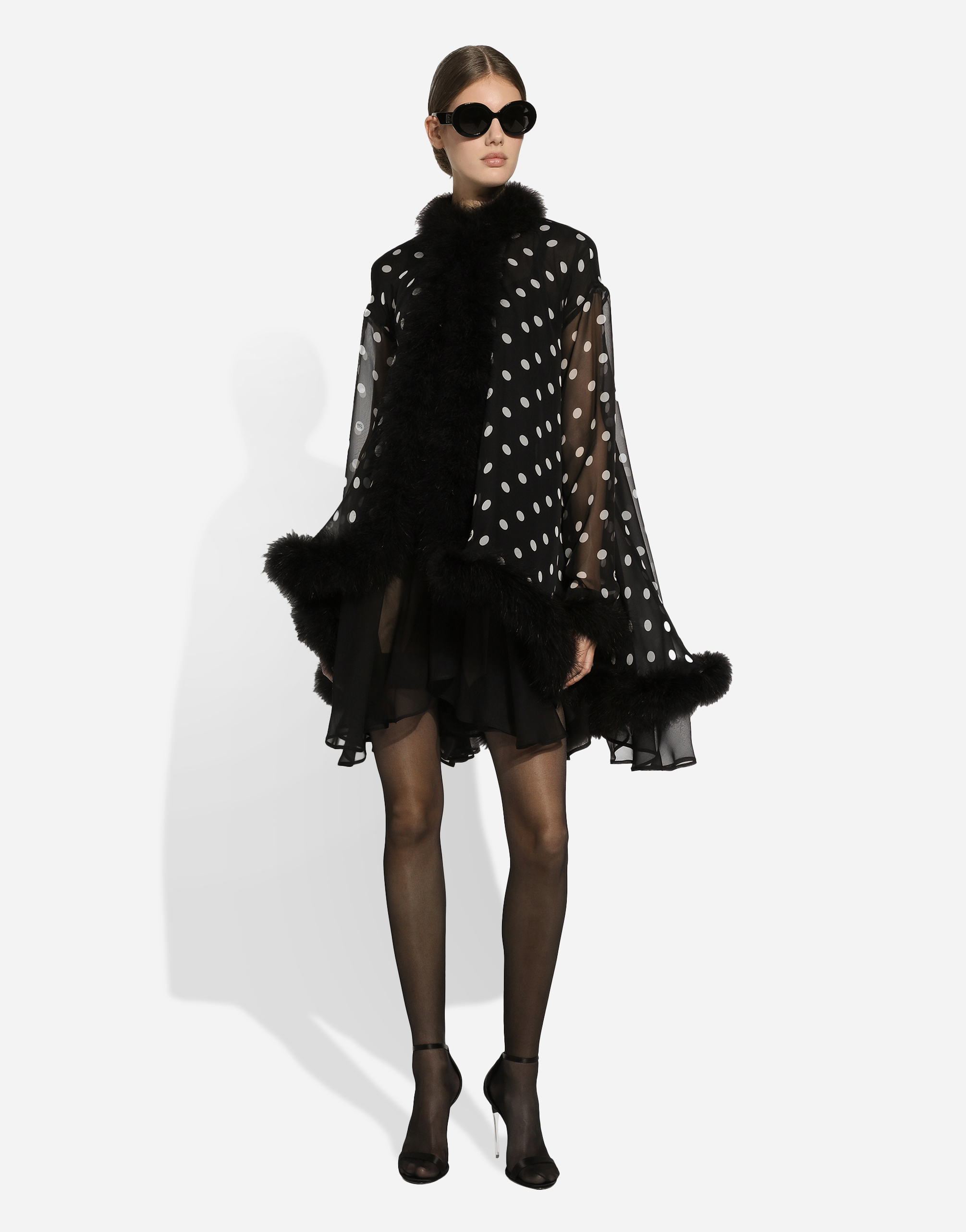 Shop Dolce & Gabbana Chiffon Cape With Polka-dot Print And Marabou Trim In プリ