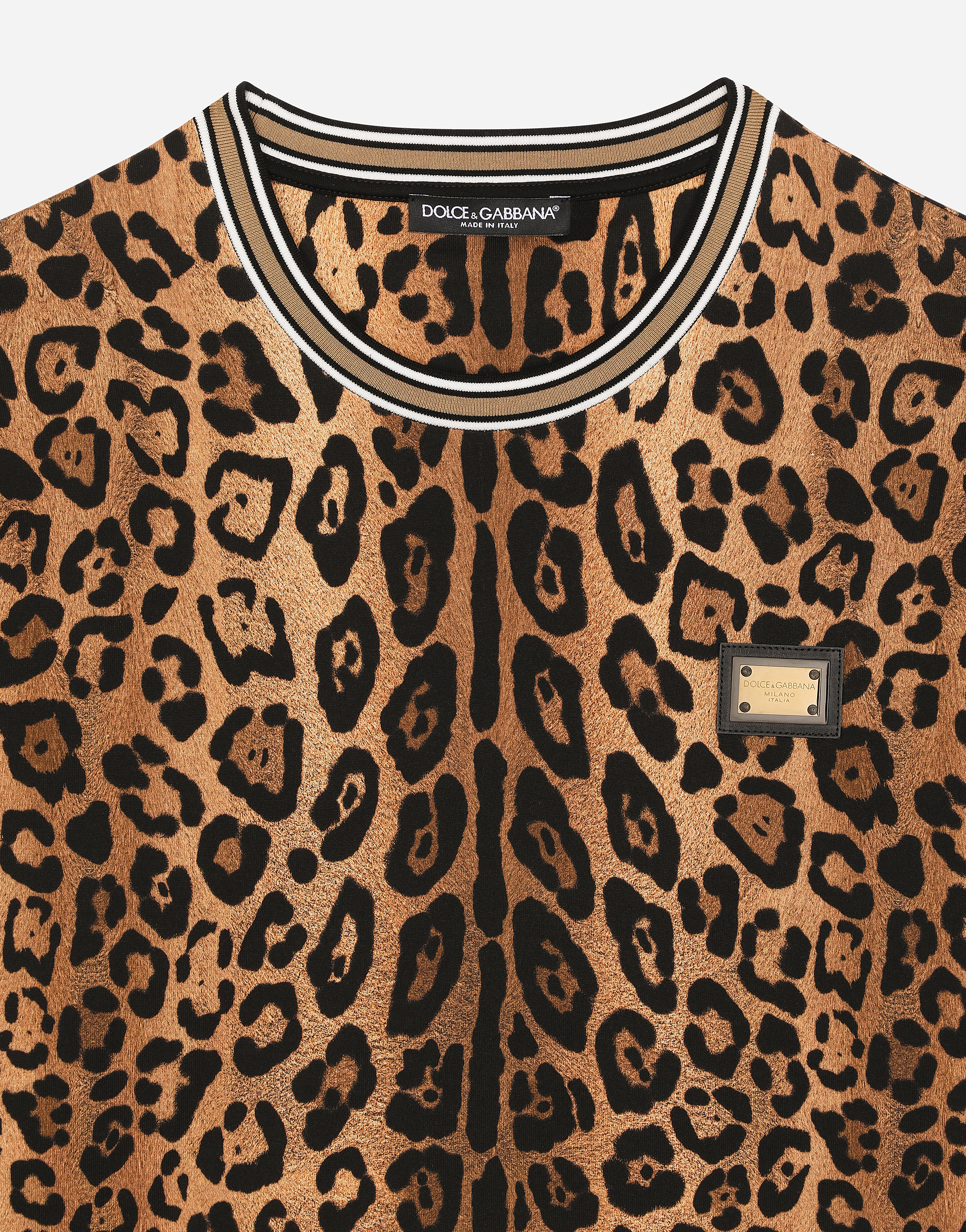 Shop Dolce & Gabbana Round-neck T-shirt With Leopard-print Crespo And Tag