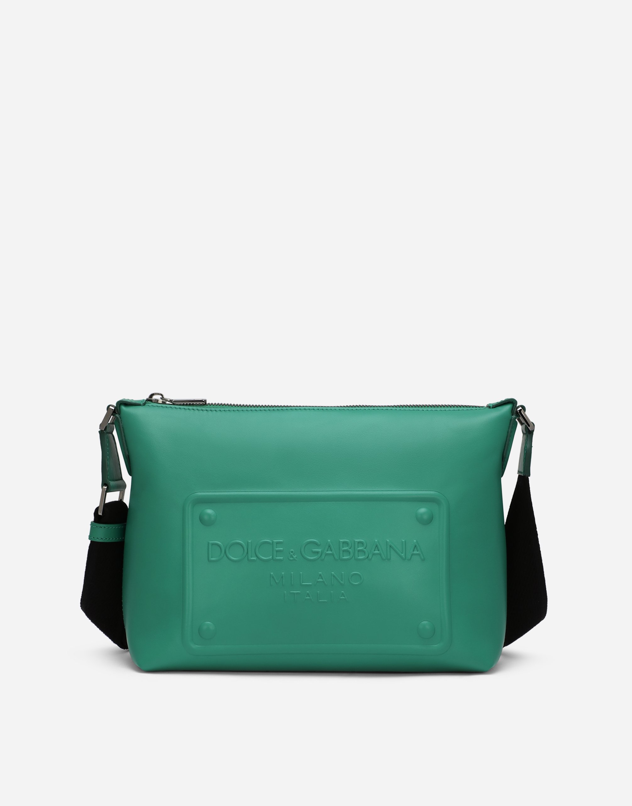 Calfskin crossbody bag with raised logo in Green for